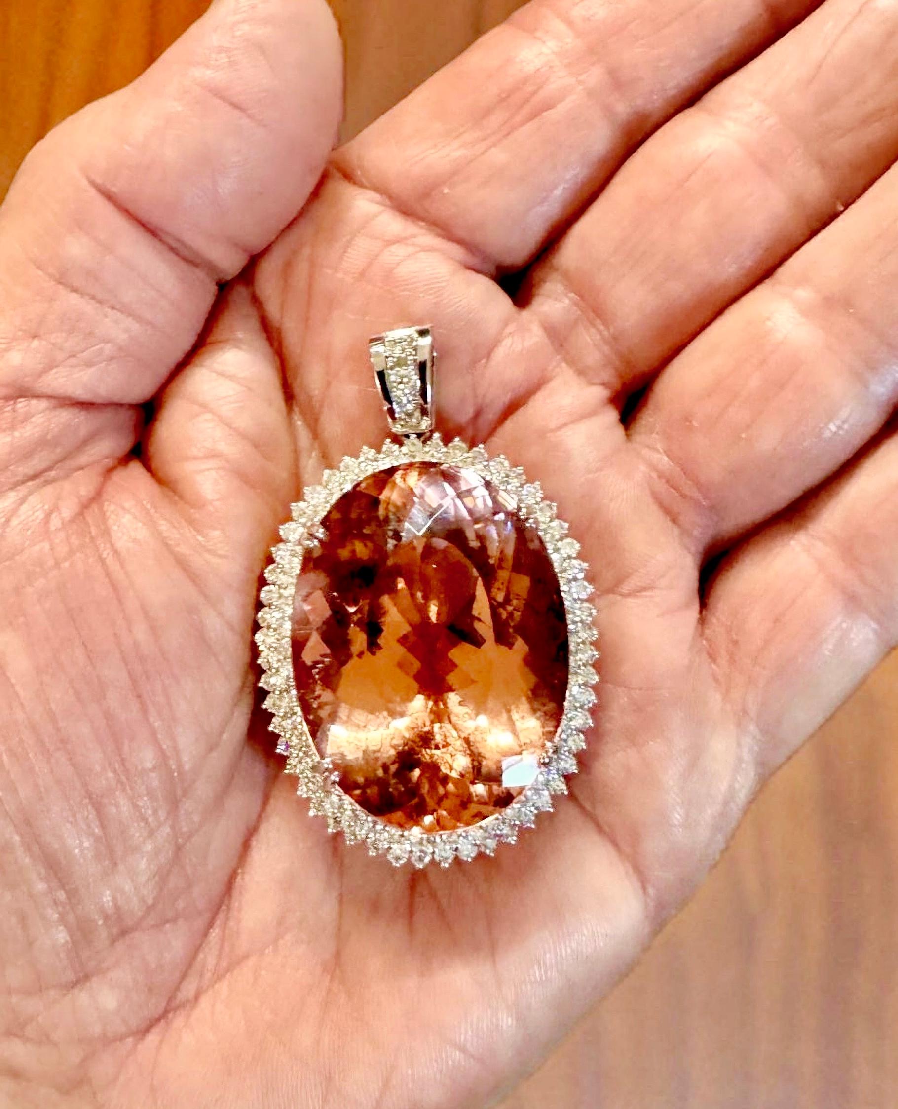Modern Oval 97.00 Carat Morganite and 1.75 Carat Diamond 14K White Gold Pendant For Sale
