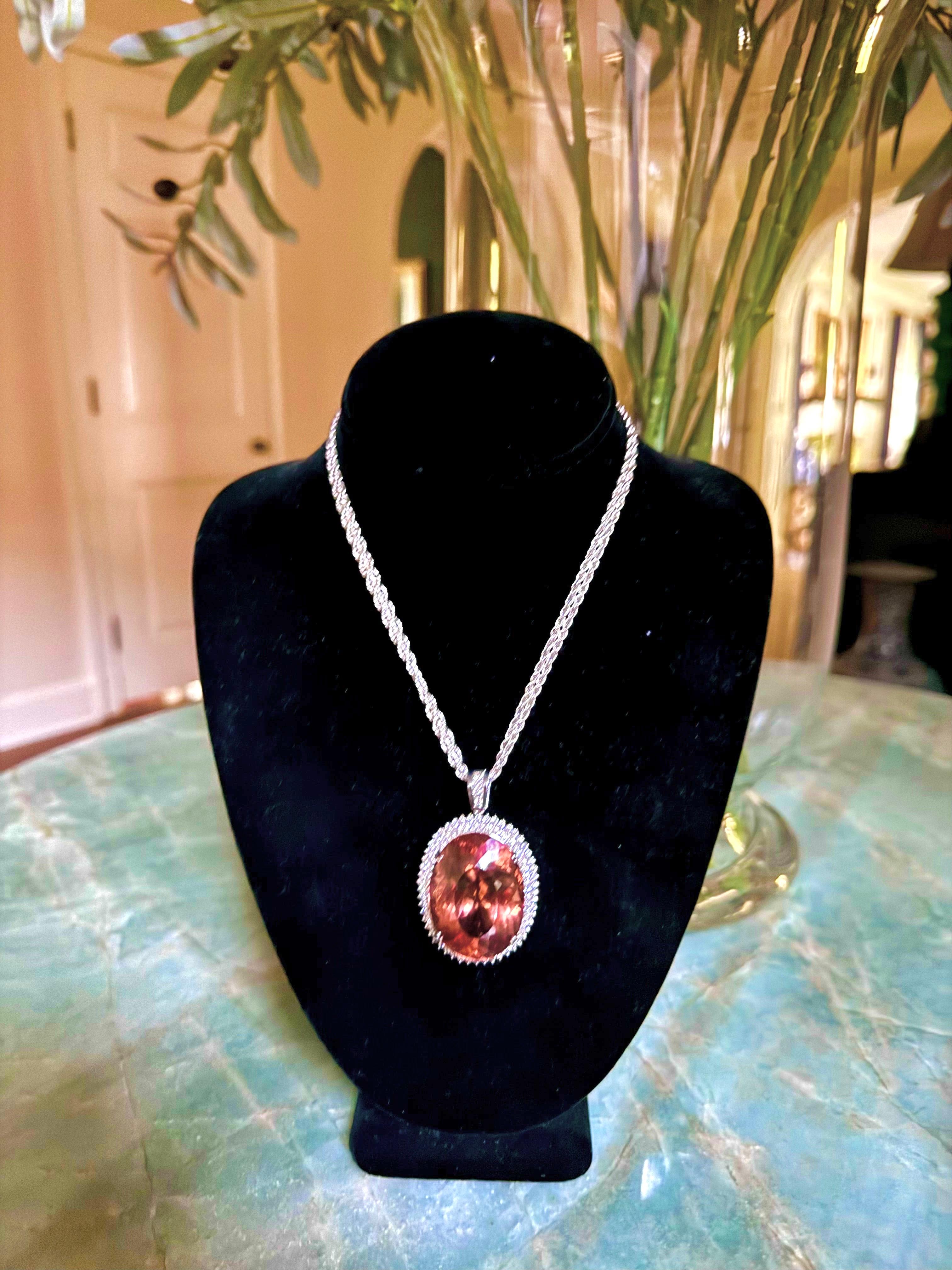 Women's Oval 97.00 Carat Morganite and 1.75 Carat Diamond 14K White Gold Pendant For Sale