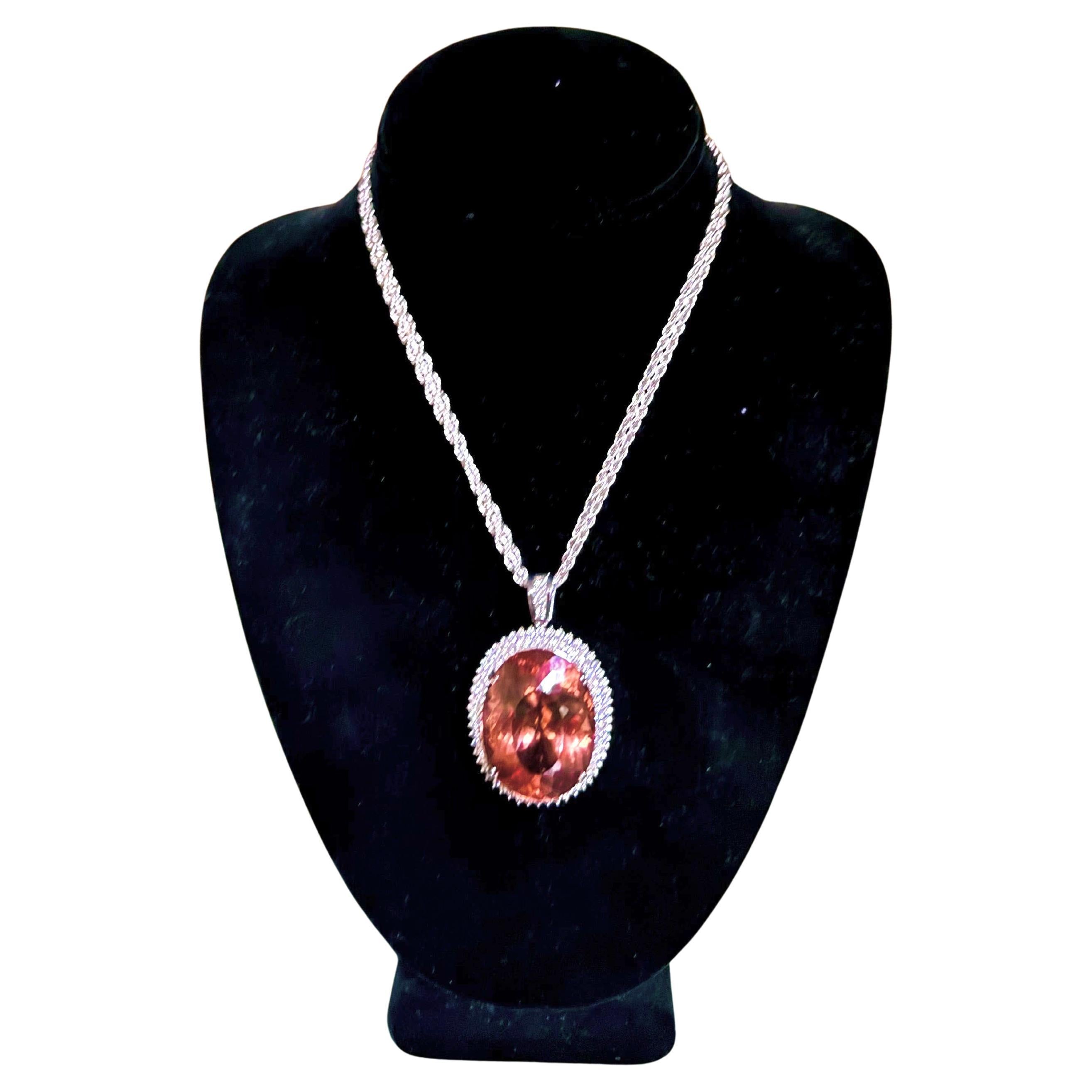 Oval 97.00 Carat Morganite and 1.75 Carat Diamond 14K White Gold Pendant For Sale
