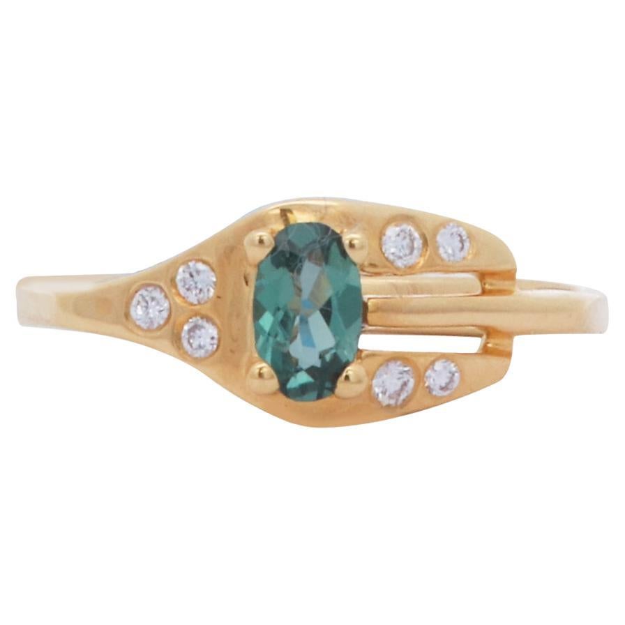 Oval Alexandrite Diamond Art Deco Style Brilliant Cut 14K Yellow Gold Ring For Sale
