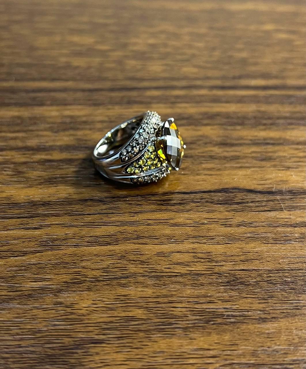 Oval Amber Orange Citrine Yellow Sapphire Diamond Pave Set 14K White Gold Ring For Sale 5