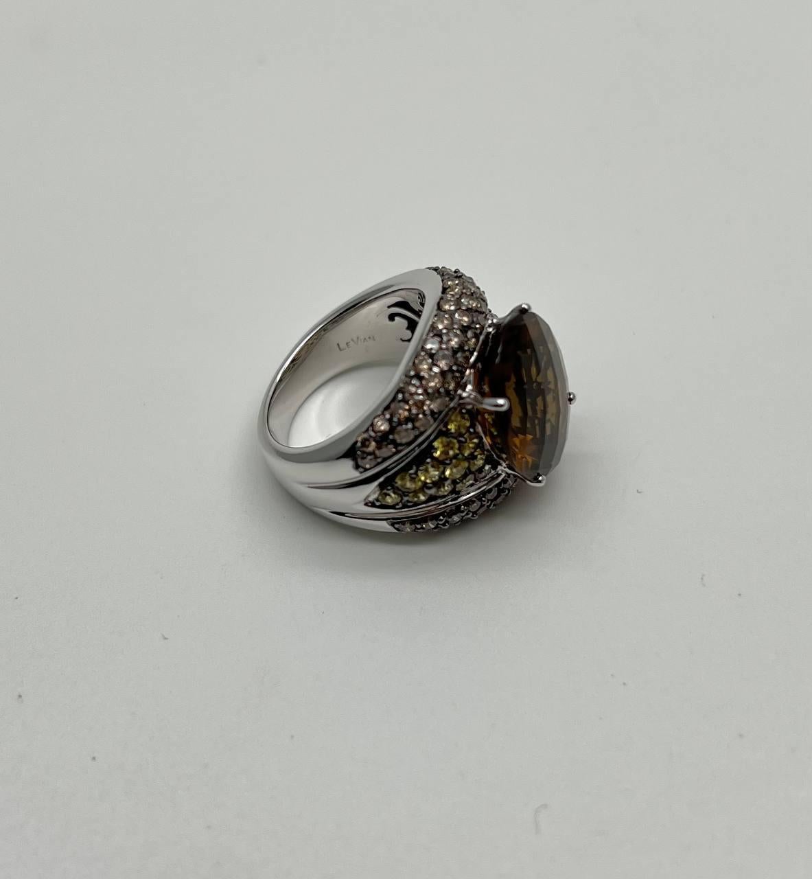 Mixed Cut Oval Amber Orange Citrine Yellow Sapphire Diamond Pave Set 14K White Gold Ring For Sale