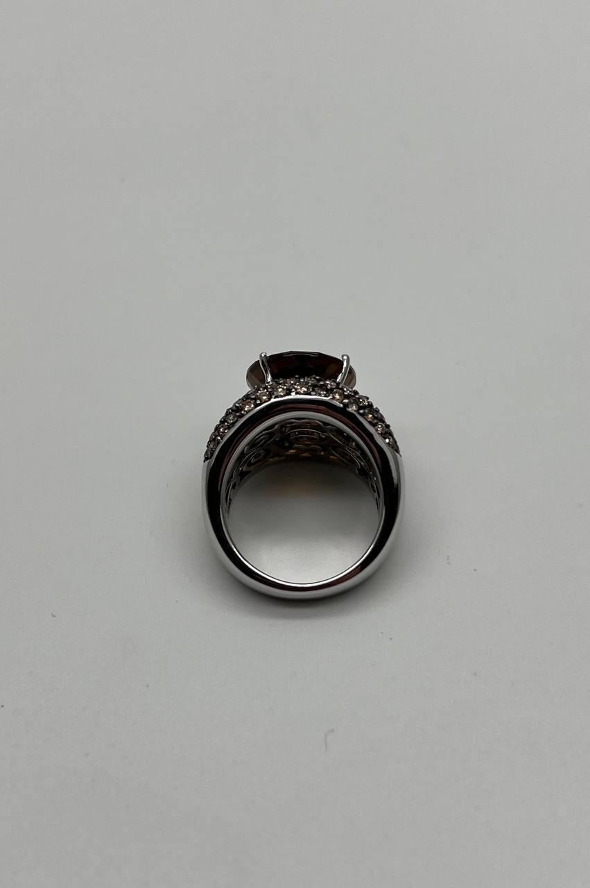 Women's Oval Amber Orange Citrine Yellow Sapphire Diamond Pave Set 14K White Gold Ring For Sale
