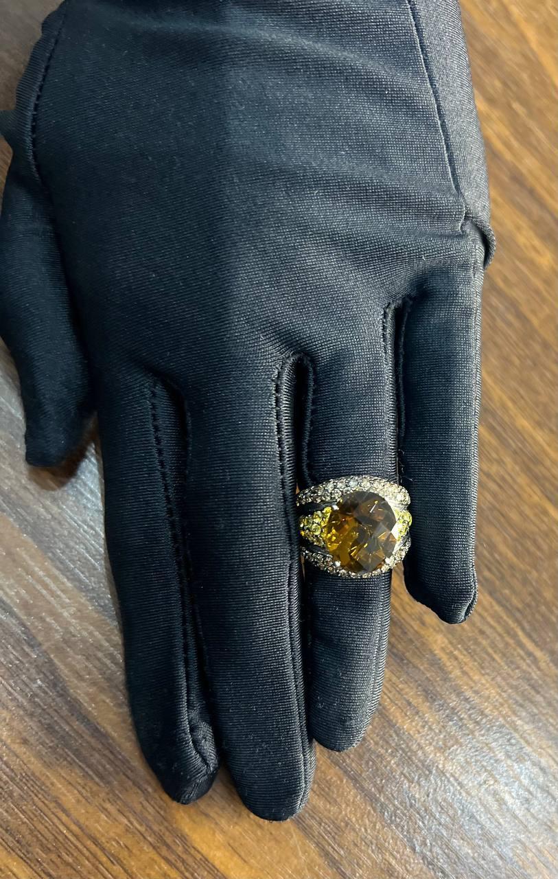 Oval Amber Orange Citrine Yellow Sapphire Diamond Pave Set 14K White Gold Ring For Sale 1