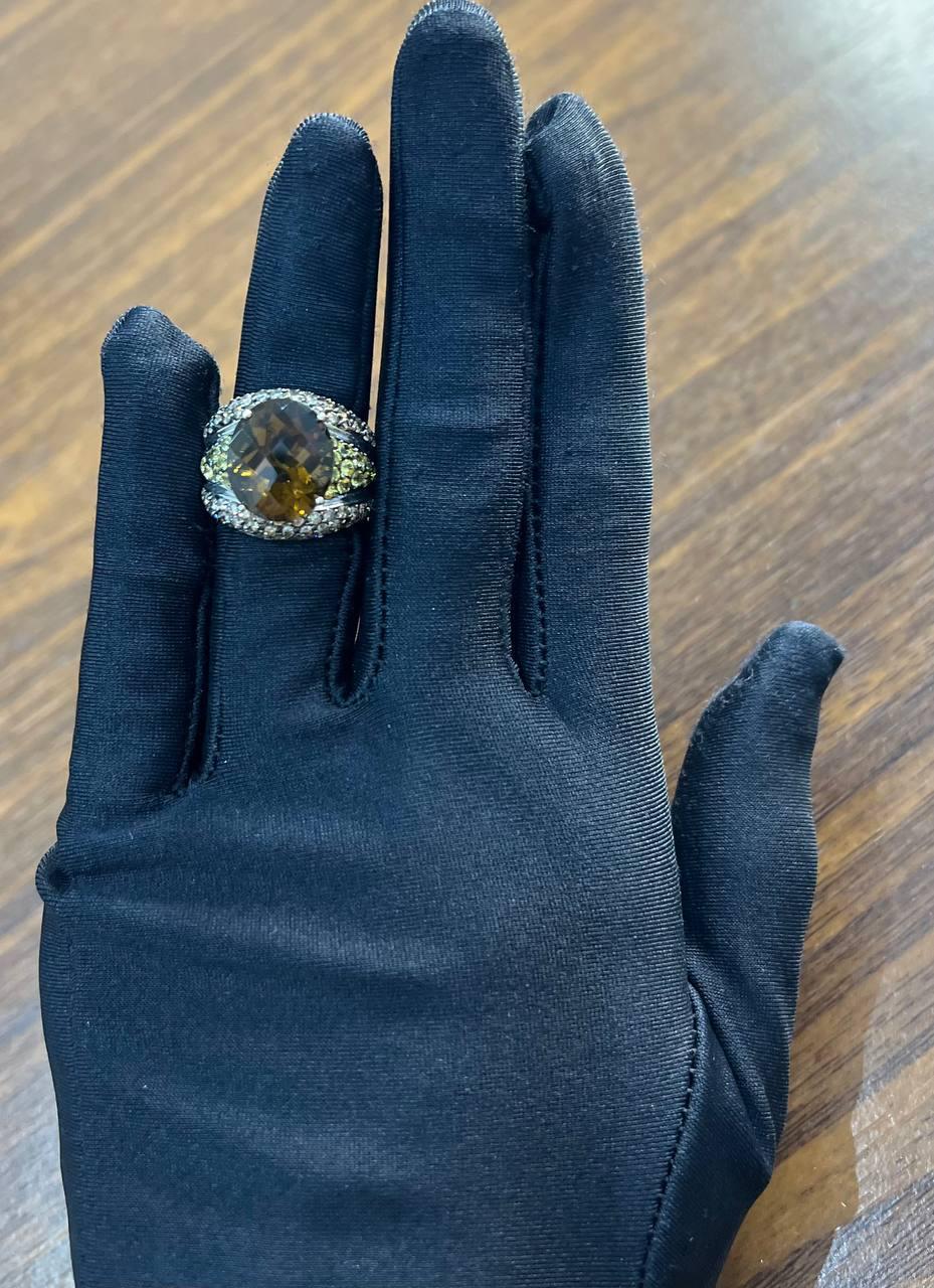 Oval Amber Orange Citrine Yellow Sapphire Diamond Pave Set 14K White Gold Ring For Sale 2