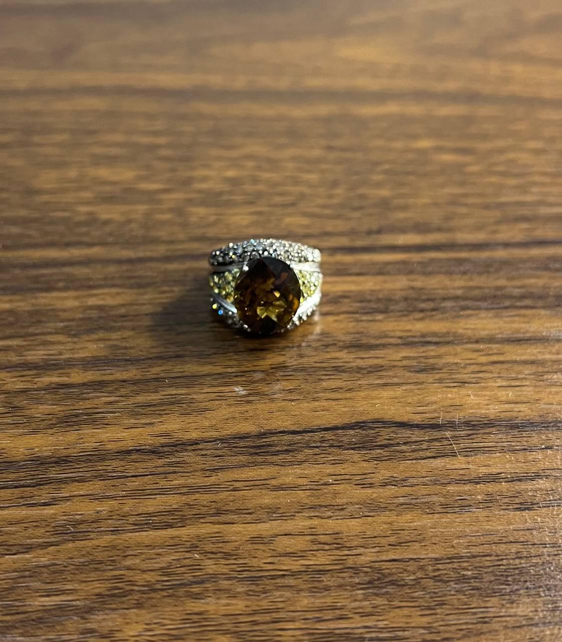 Oval Amber Orange Citrine Yellow Sapphire Diamond Pave Set 14K White Gold Ring For Sale 3