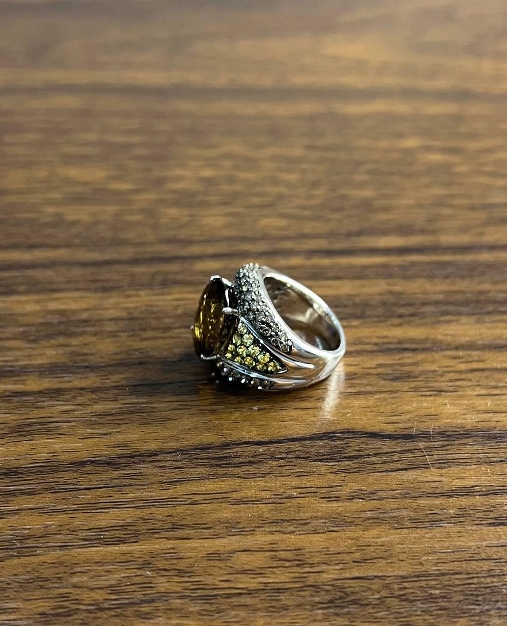 Oval Amber Orange Citrine Yellow Sapphire Diamond Pave Set 14K White Gold Ring For Sale 4
