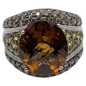 Ovaler Bernstein Orange Citrin Gelber Saphir Diamant Pave Set 14K Weißgold Ring