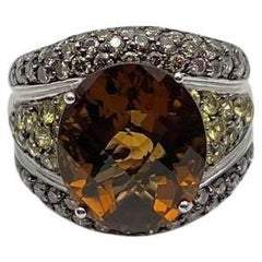 Ovaler Bernstein Orange Citrin Gelber Saphir Diamant Pave Set 14K Weißgold Ring