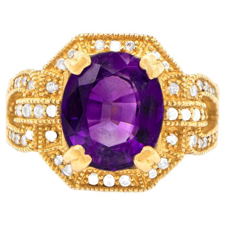 Amethyst 6 Carat Ring With Diamonds 1.50 Carats Total 14K Gold For Sale