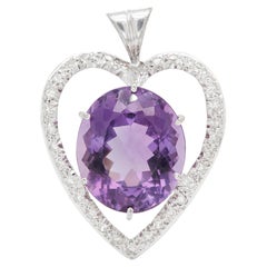 Oval Amethyst and Diamond 18 Carat White Gold Heart Pendant