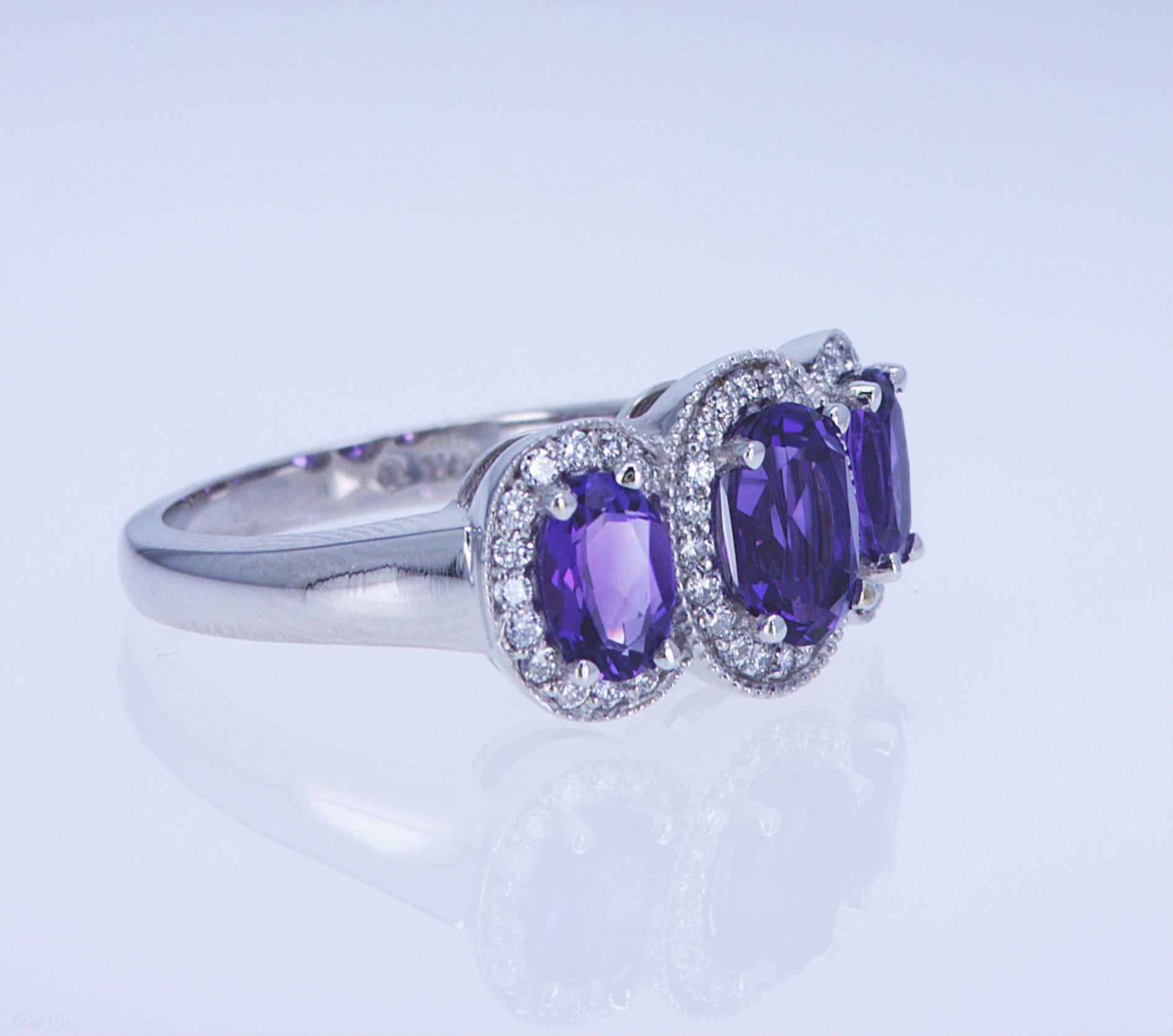 For Sale:  Oval Amethyst and Diamond 3-Stone Ring 2