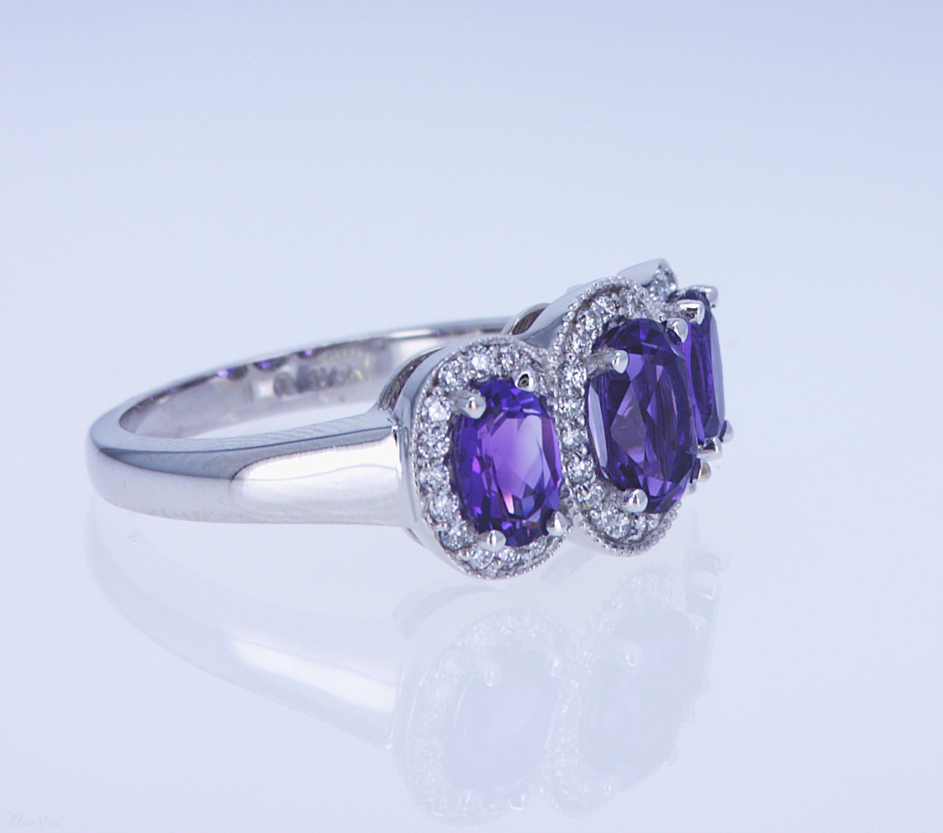 For Sale:  Oval Amethyst and Diamond 3-Stone Ring 3