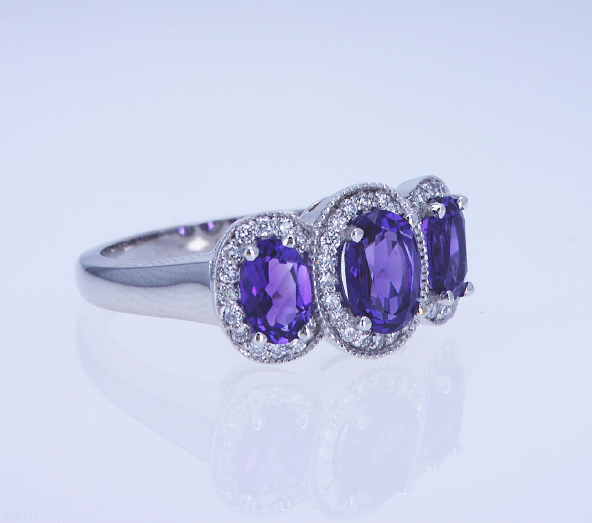 For Sale:  Oval Amethyst and Diamond 3-Stone Ring 4