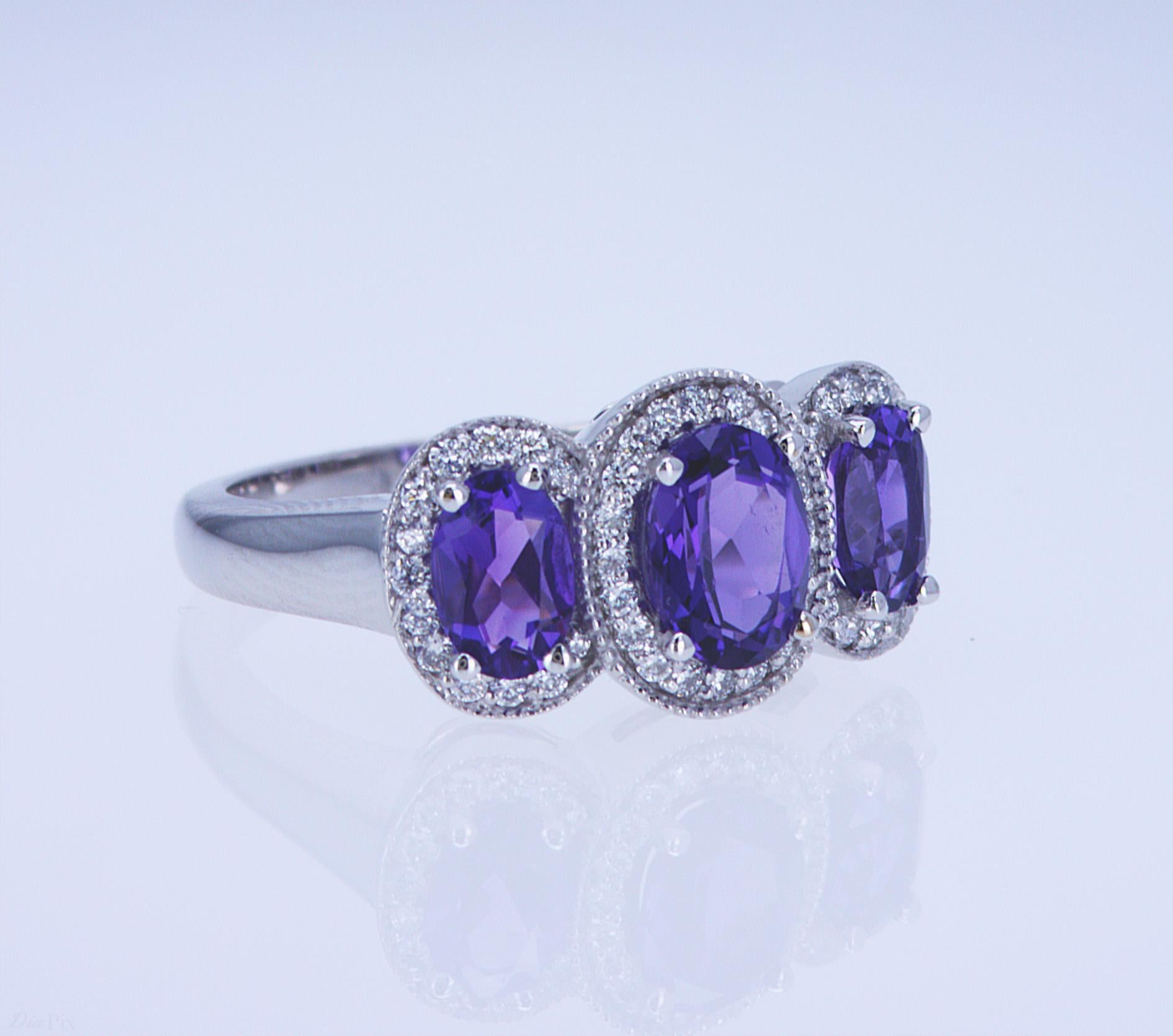 For Sale:  Oval Amethyst and Diamond 3-Stone Ring 5