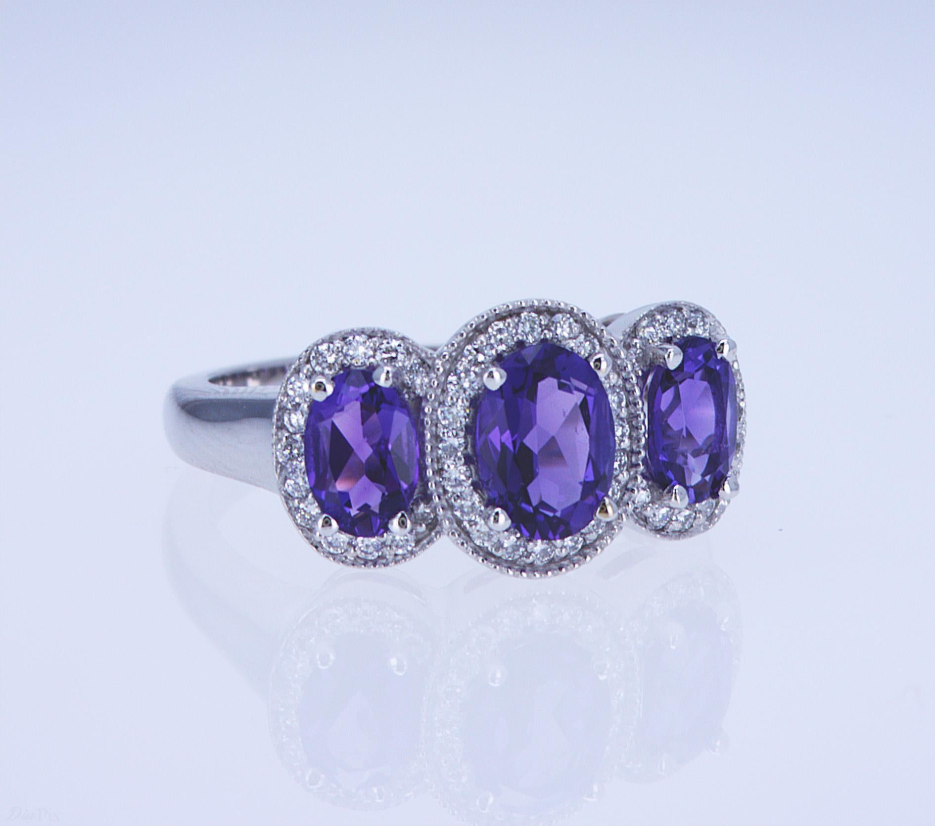 For Sale:  Oval Amethyst and Diamond 3-Stone Ring 6