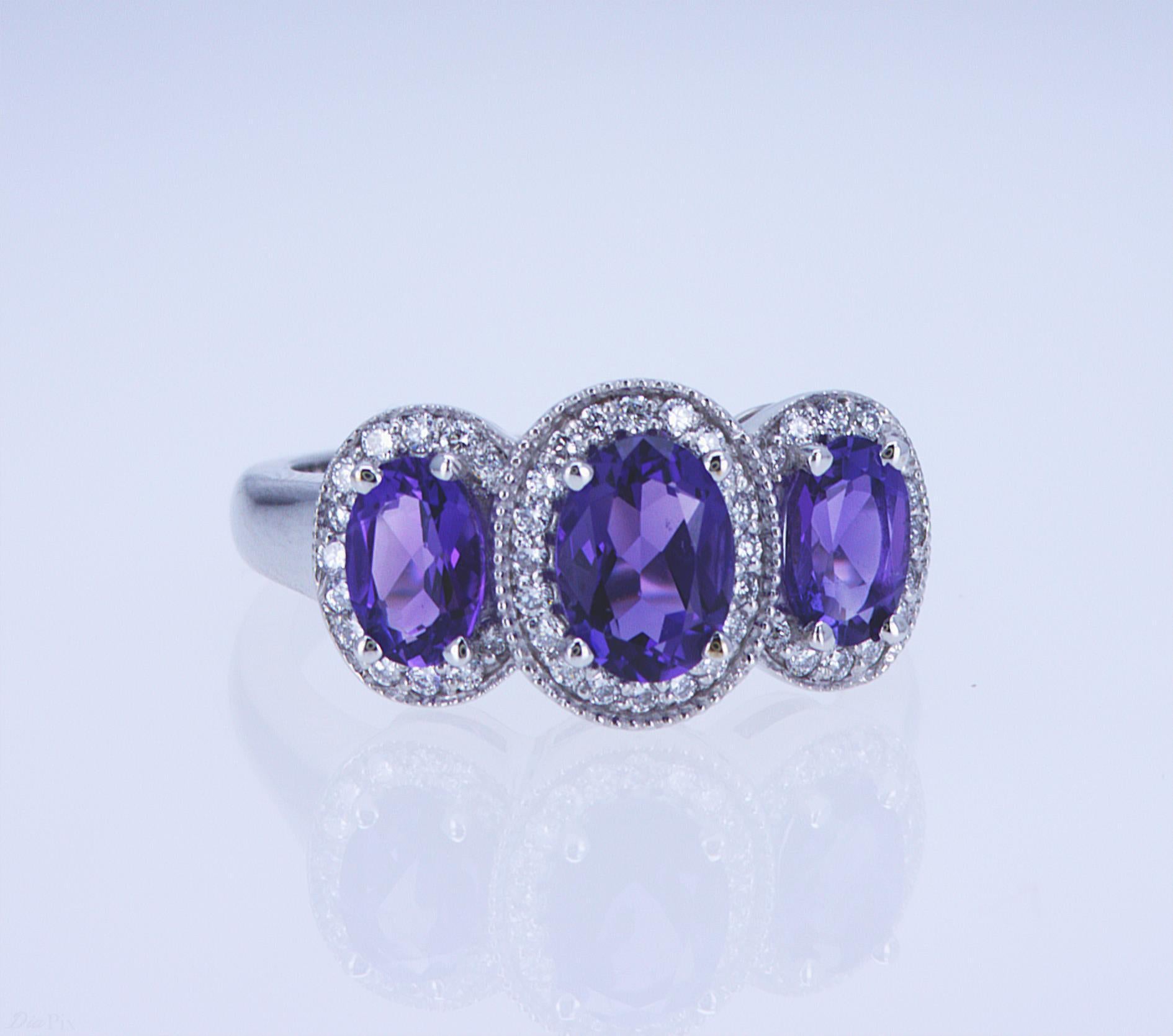 For Sale:  Oval Amethyst and Diamond 3-Stone Ring 7
