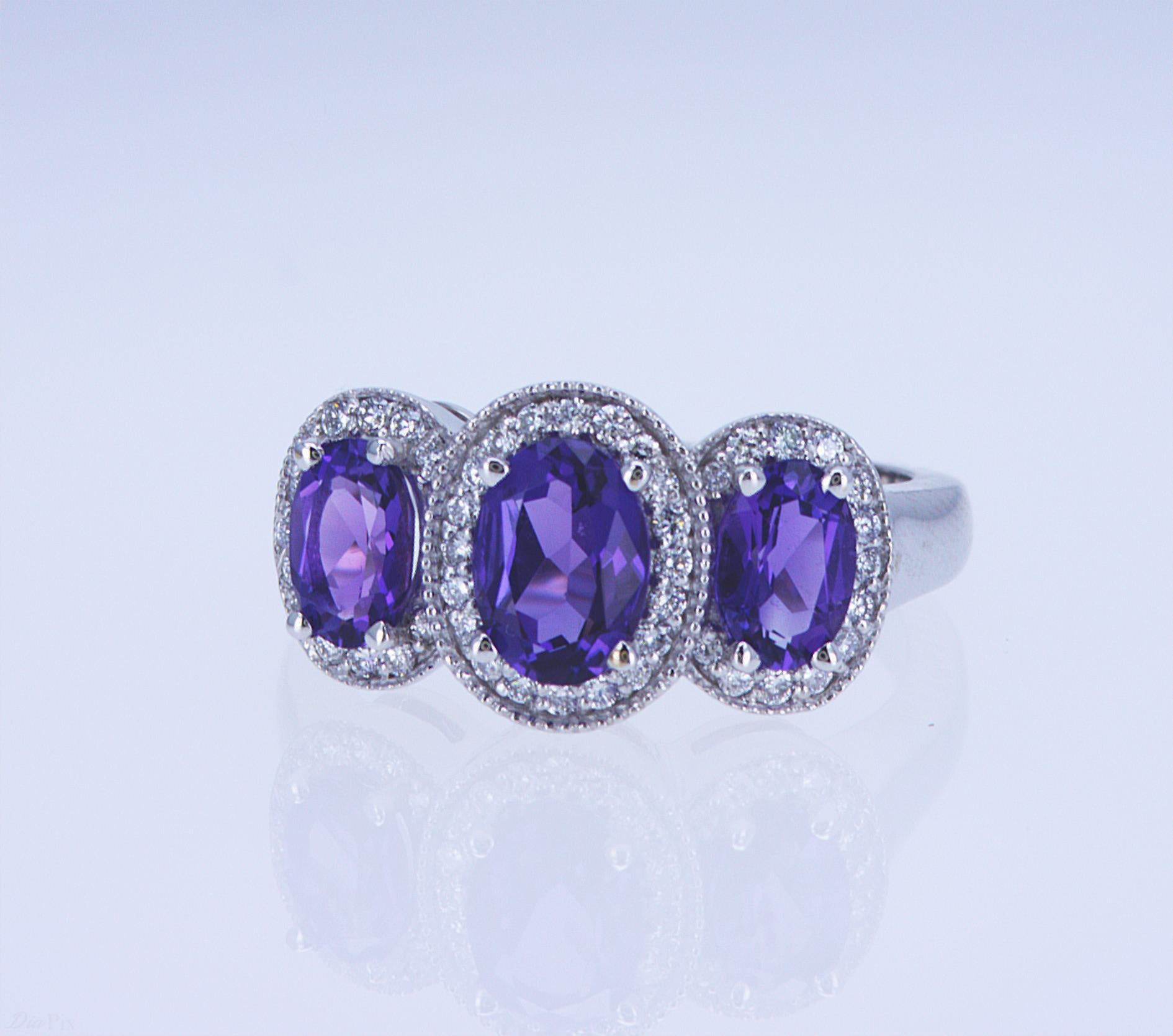 For Sale:  Oval Amethyst and Diamond 3-Stone Ring 8