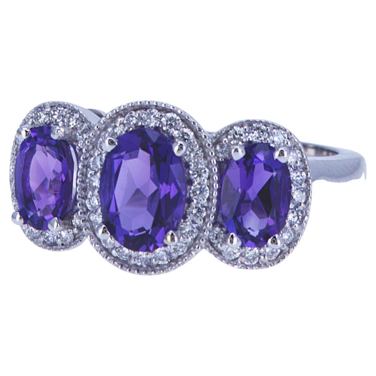 Oval Amethyst and Diamond 3-Stone Ring