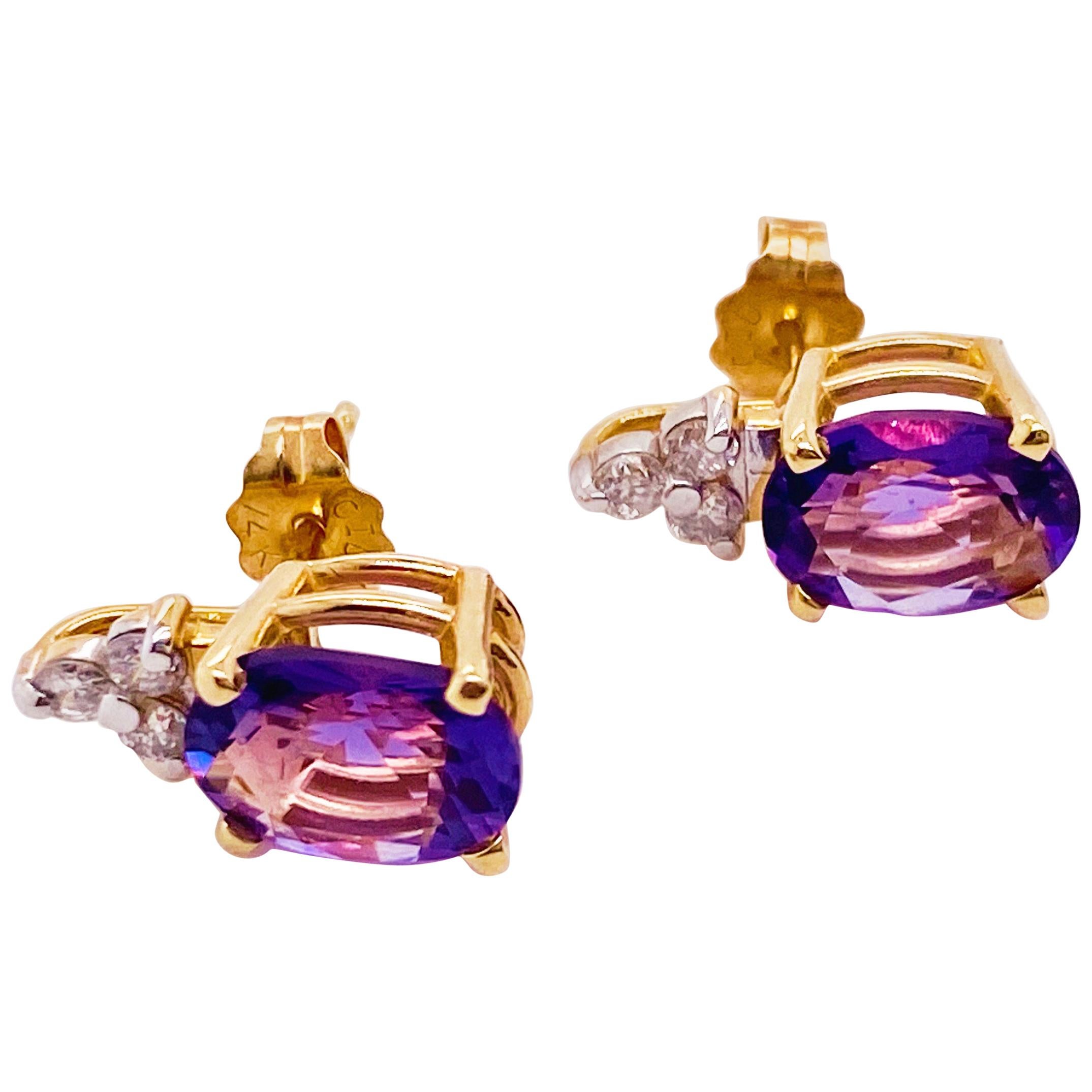 Amethyst and Diamond Stud Earrings 14 Karat Yellow Gold at 1stDibs