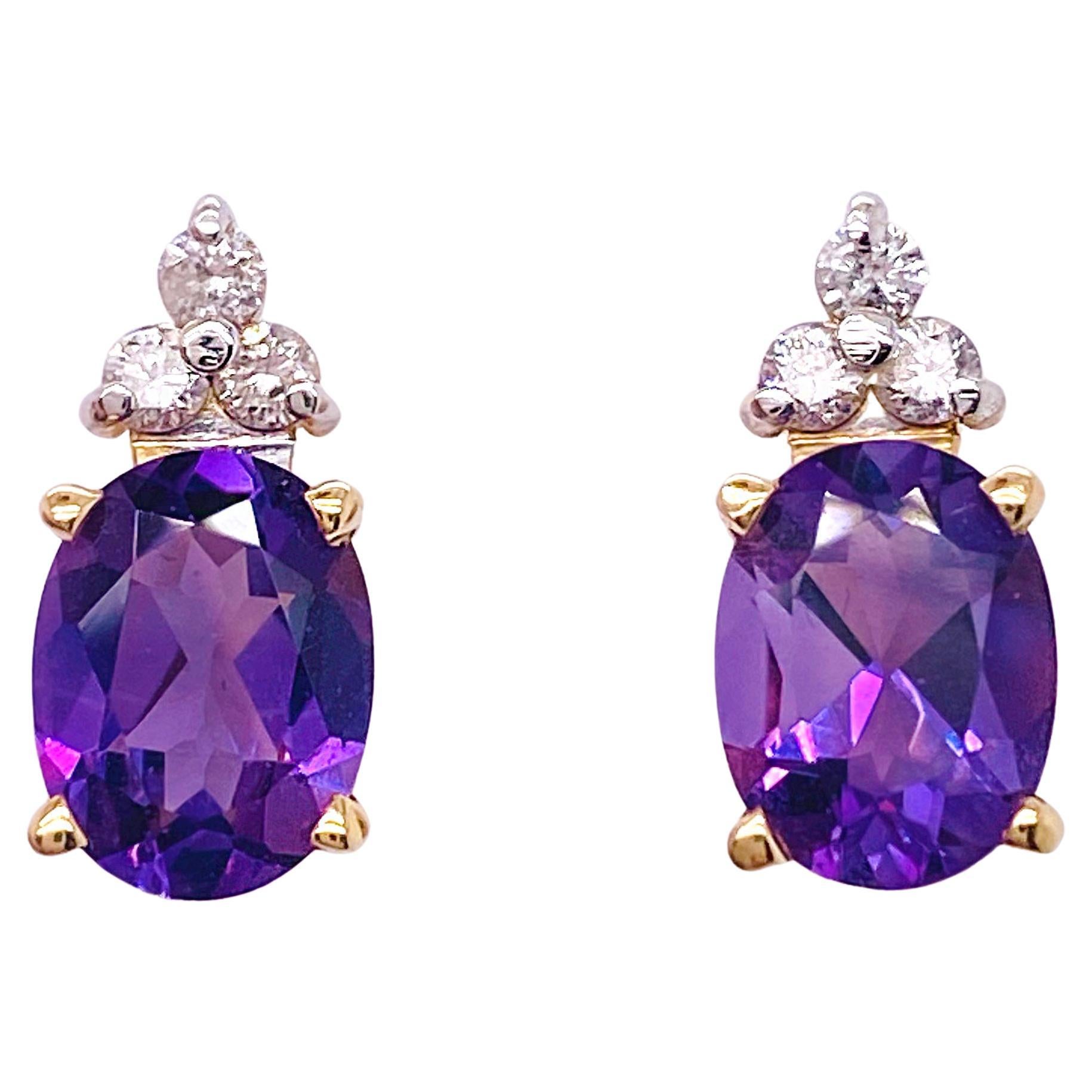 Oval Amethyst and Diamond Cluster Earring Studs 14 Karat Yellow Gold, February
