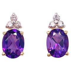 Oval Amethyst and Diamond Cluster Earring Studs 14 Karat Yellow Gold, February