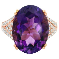Oval Amethyst and Diamond Cocktail Ring in 14K Rose Gold Size 7