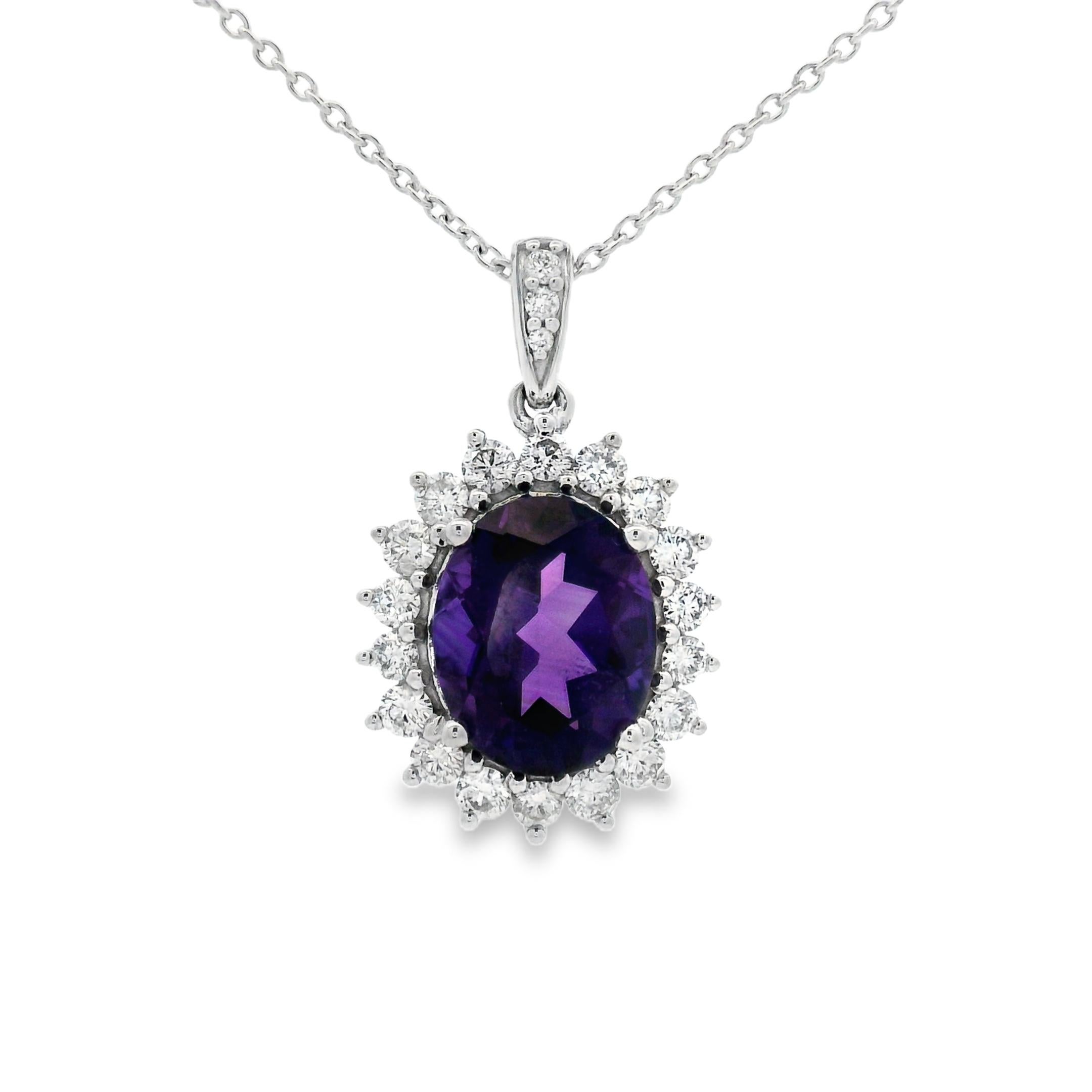 Oval Amethyst and Diamond Halo Pendant in 14K White Gold, 18 Inch
