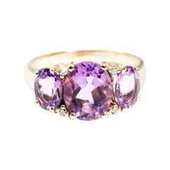 Oval Amethyst and Diamond Three Stone Trilogy Vintage 9 Carat Yellow Gold Ring