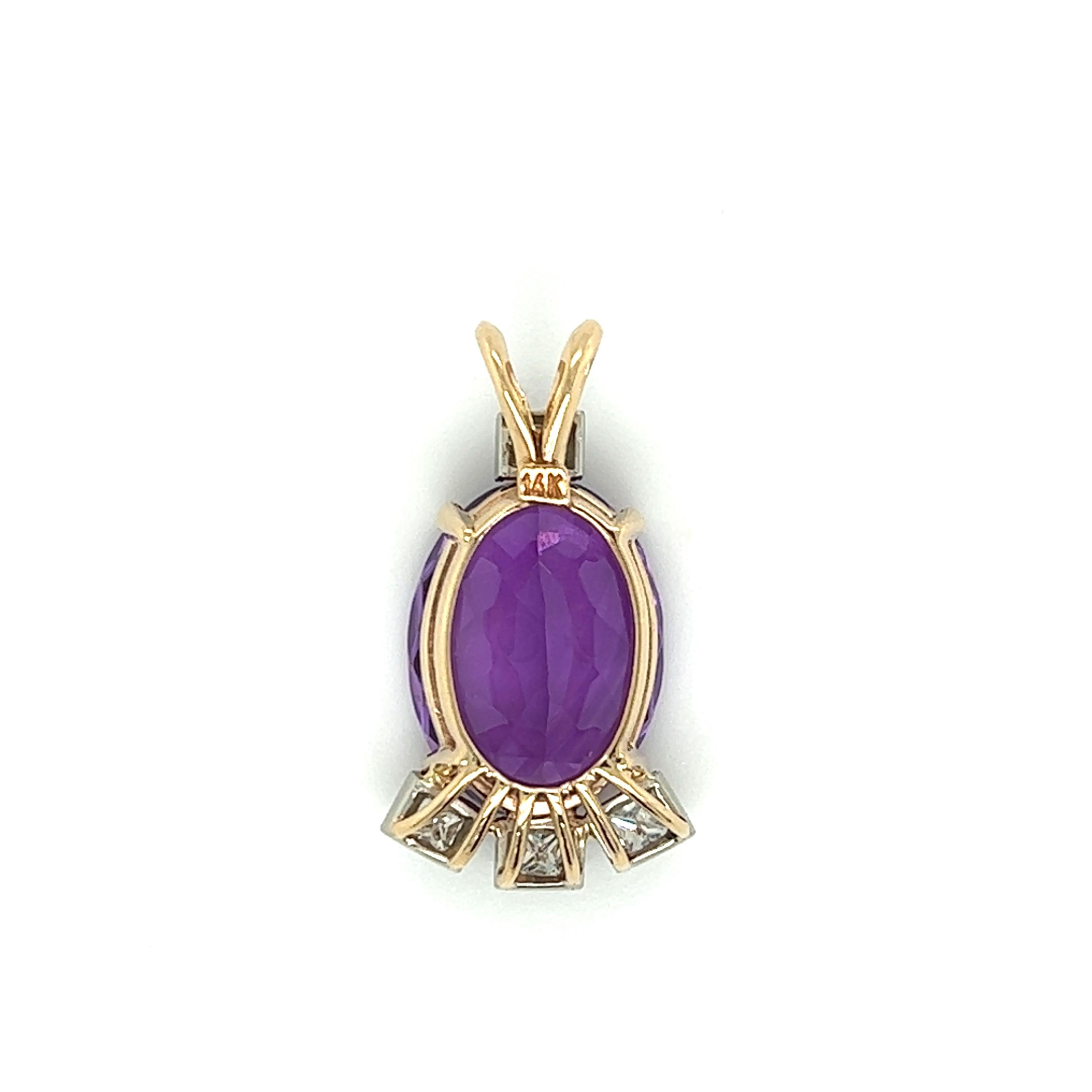 Contemporary Oval Amethyst and Princess Cut Diamond Pendant in 14K Yellow Gold For Sale