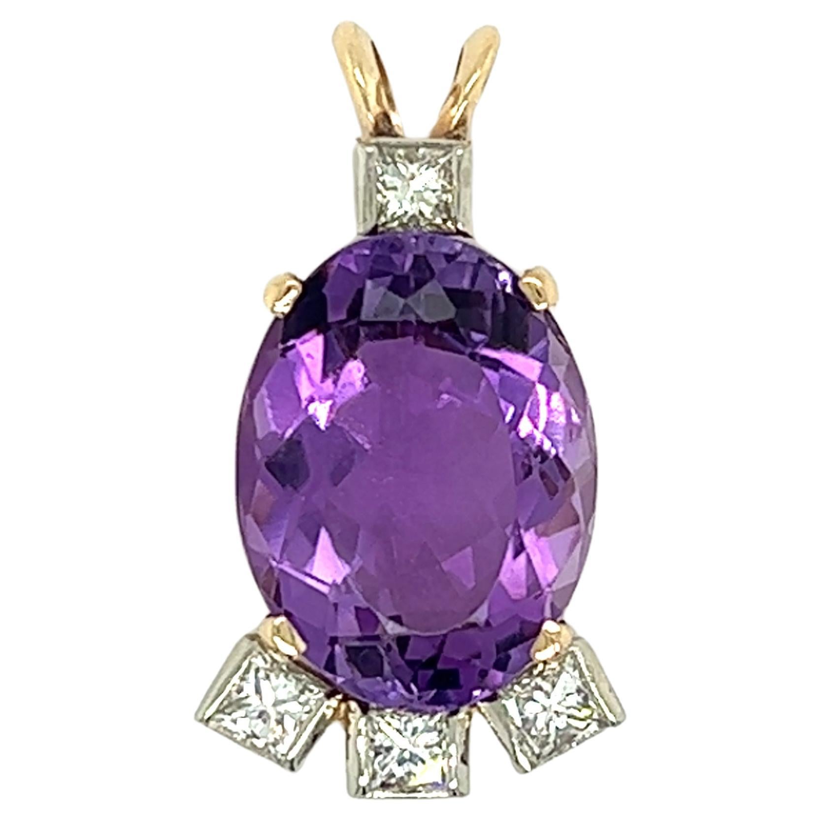 Oval Amethyst and Princess Cut Diamond Pendant in 14K Yellow Gold For Sale