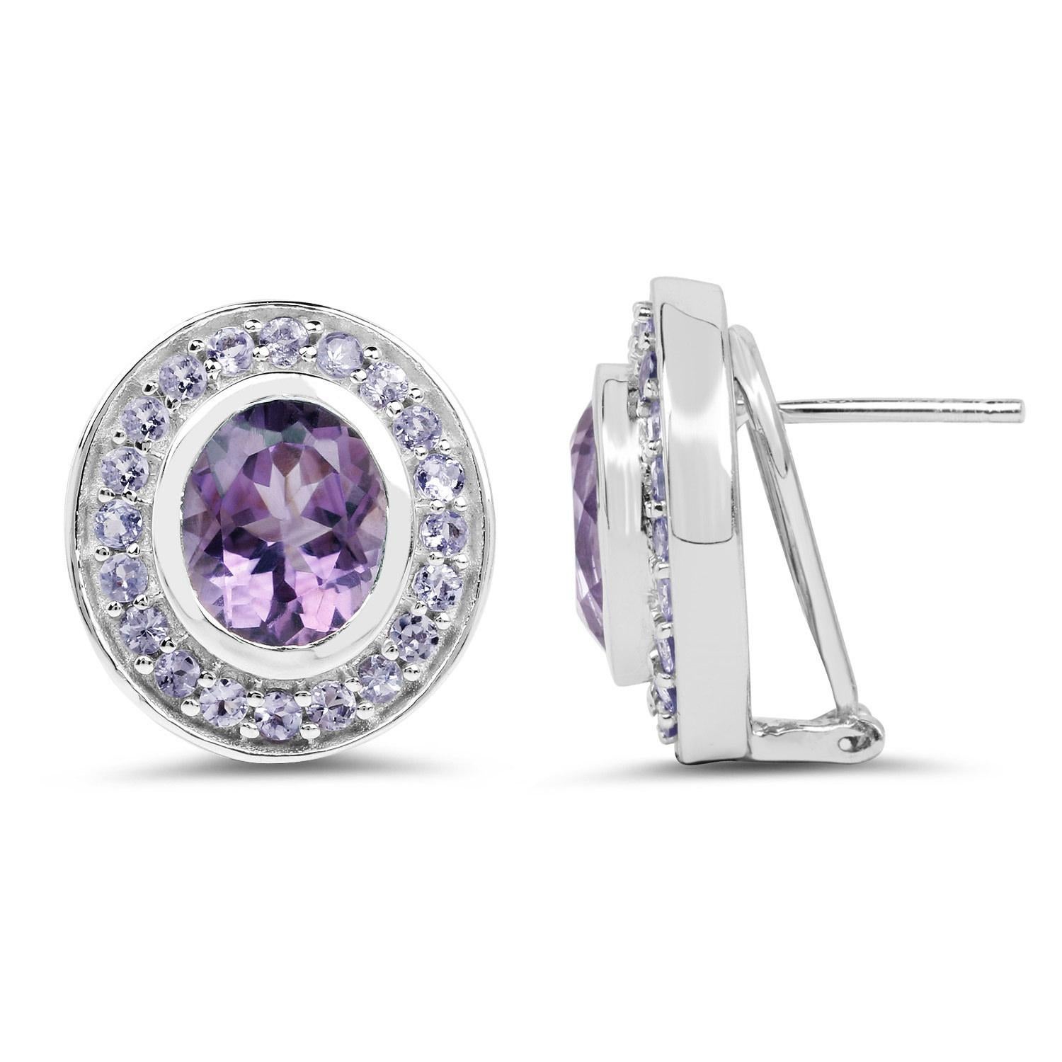 Contemporary Oval Amethyst and Tanzanite Stud Earrings 5.50 Carats Total 18k Gold Plated For Sale