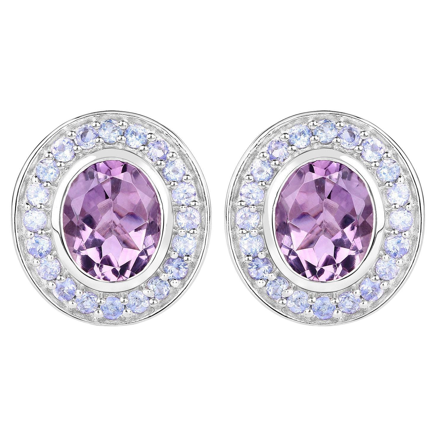 Oval Amethyst and Tanzanite Stud Earrings 5.50 Carats Total 18k Gold Plated For Sale