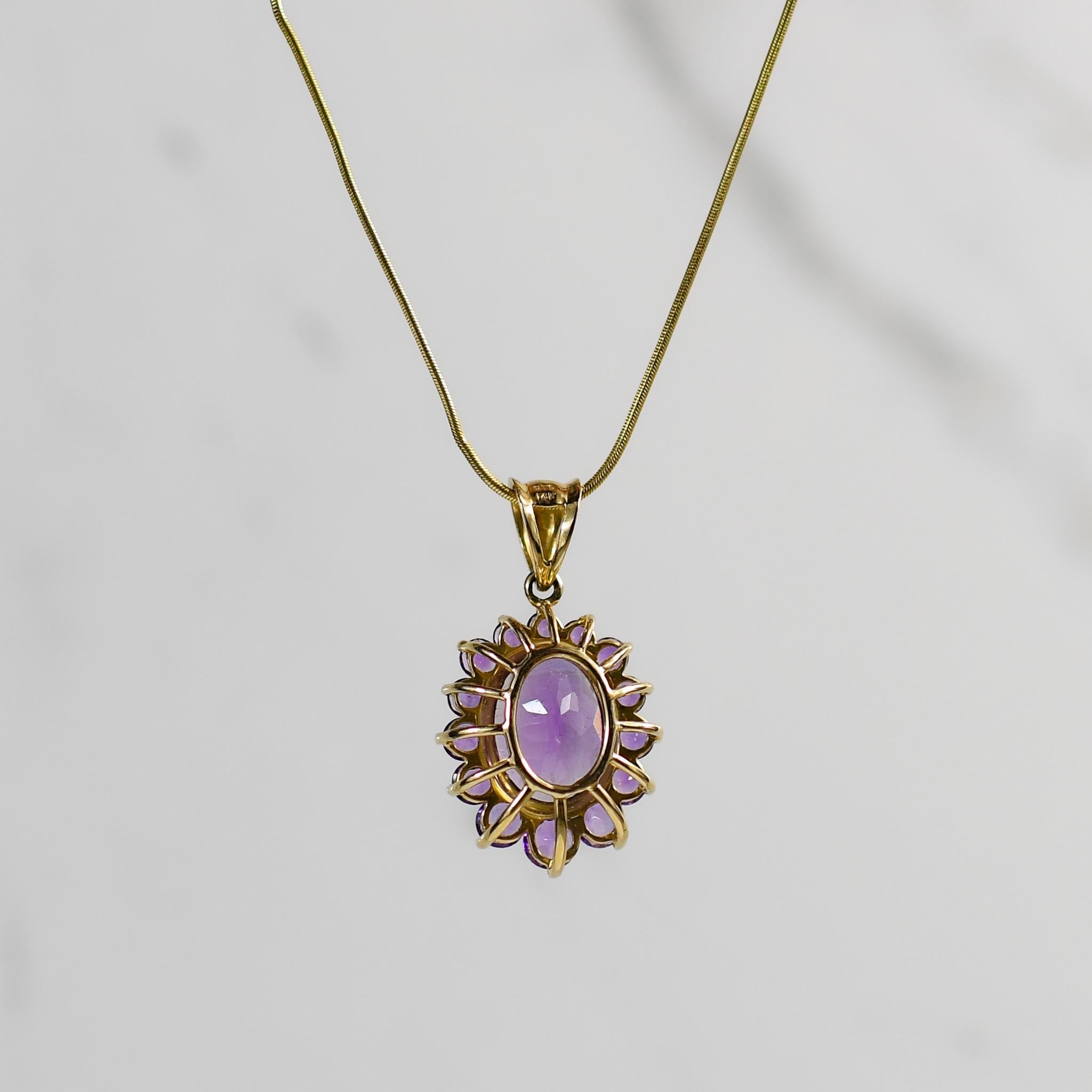 Illuminate your style with this exquisite flower-shaped amethyst necklace, a stunning expression of natural beauty and elegance. Crafted in lustrous 14k yellow gold, the intricate petals of the flower bloom around a captivating amethyst centerpiece,