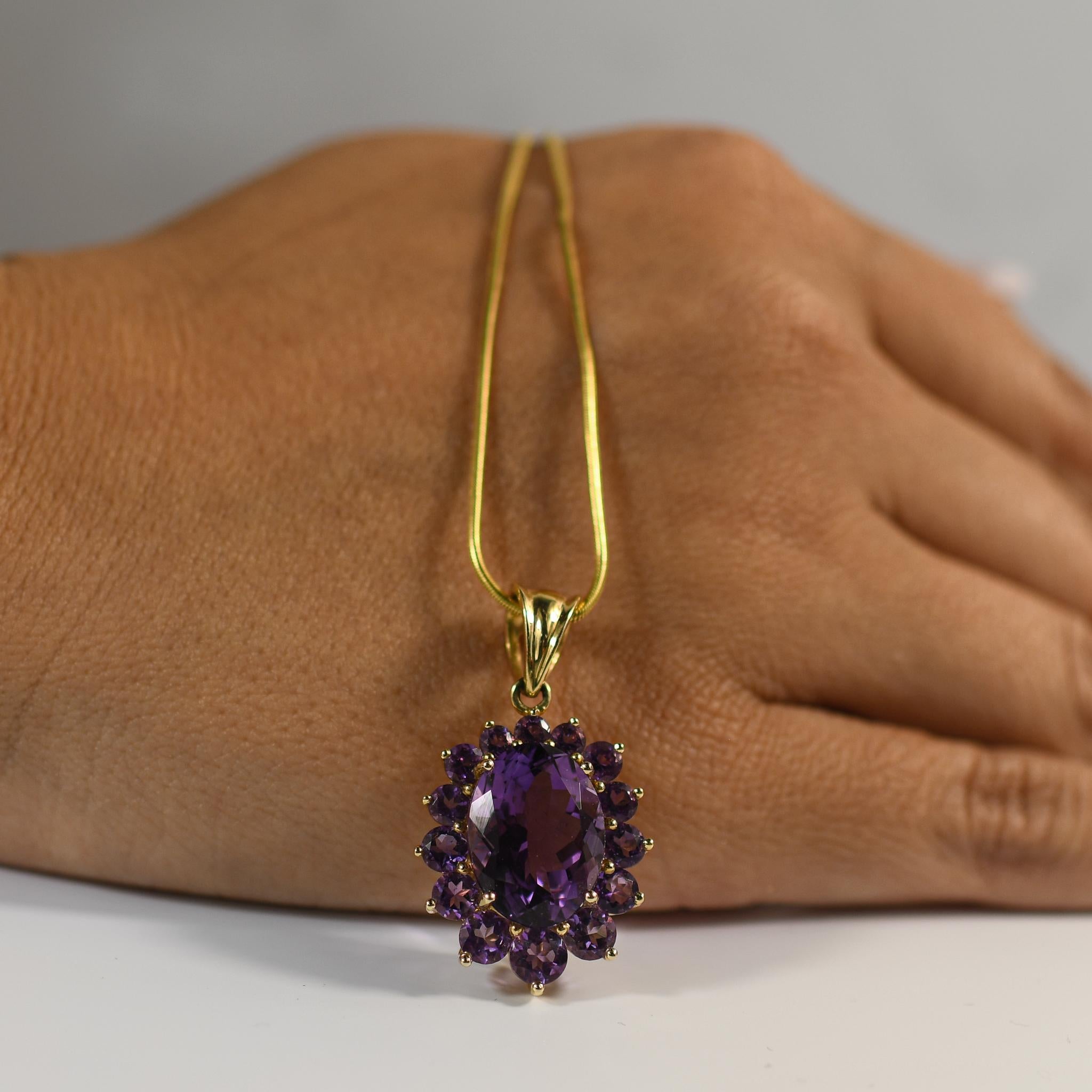 Oval Amethyst Cluster Pendant w 14k Gold Snake Chain Necklace For Sale 1