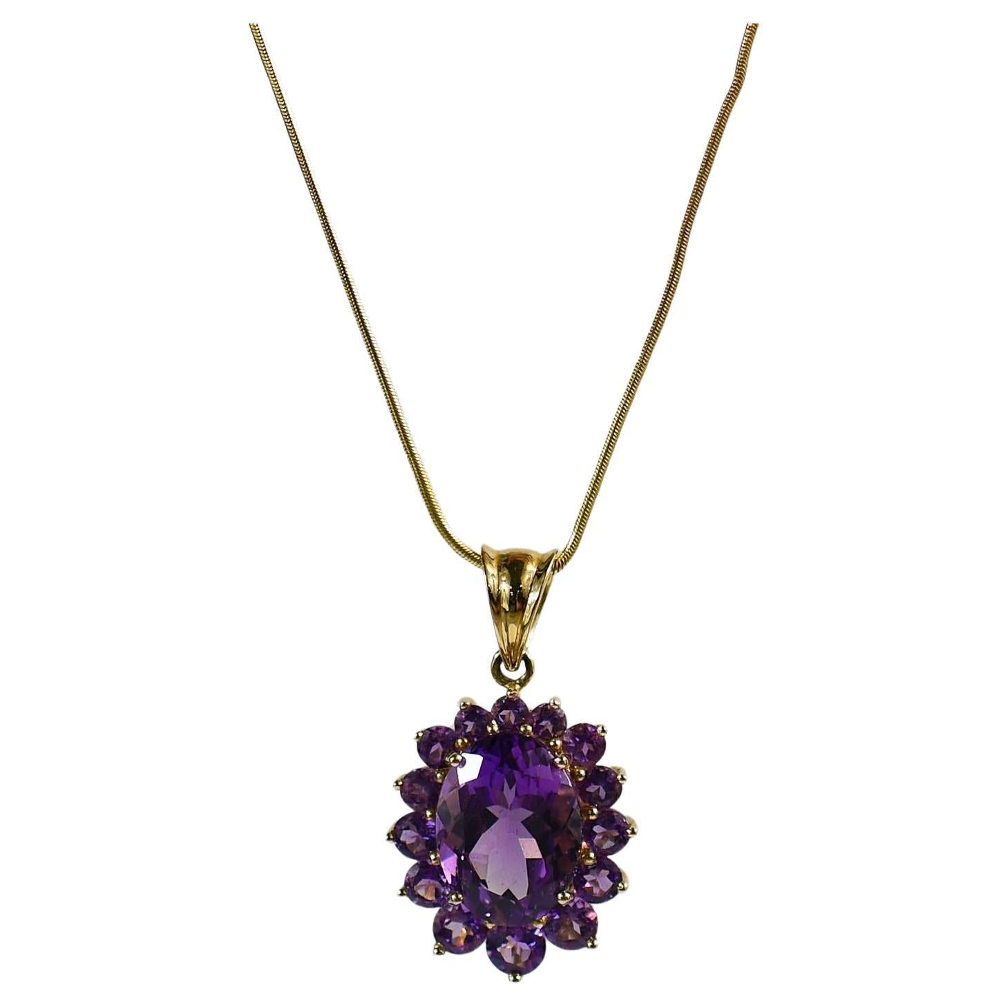 Oval Amethyst Cluster Pendant w 14k Gold Snake Chain Necklace For Sale