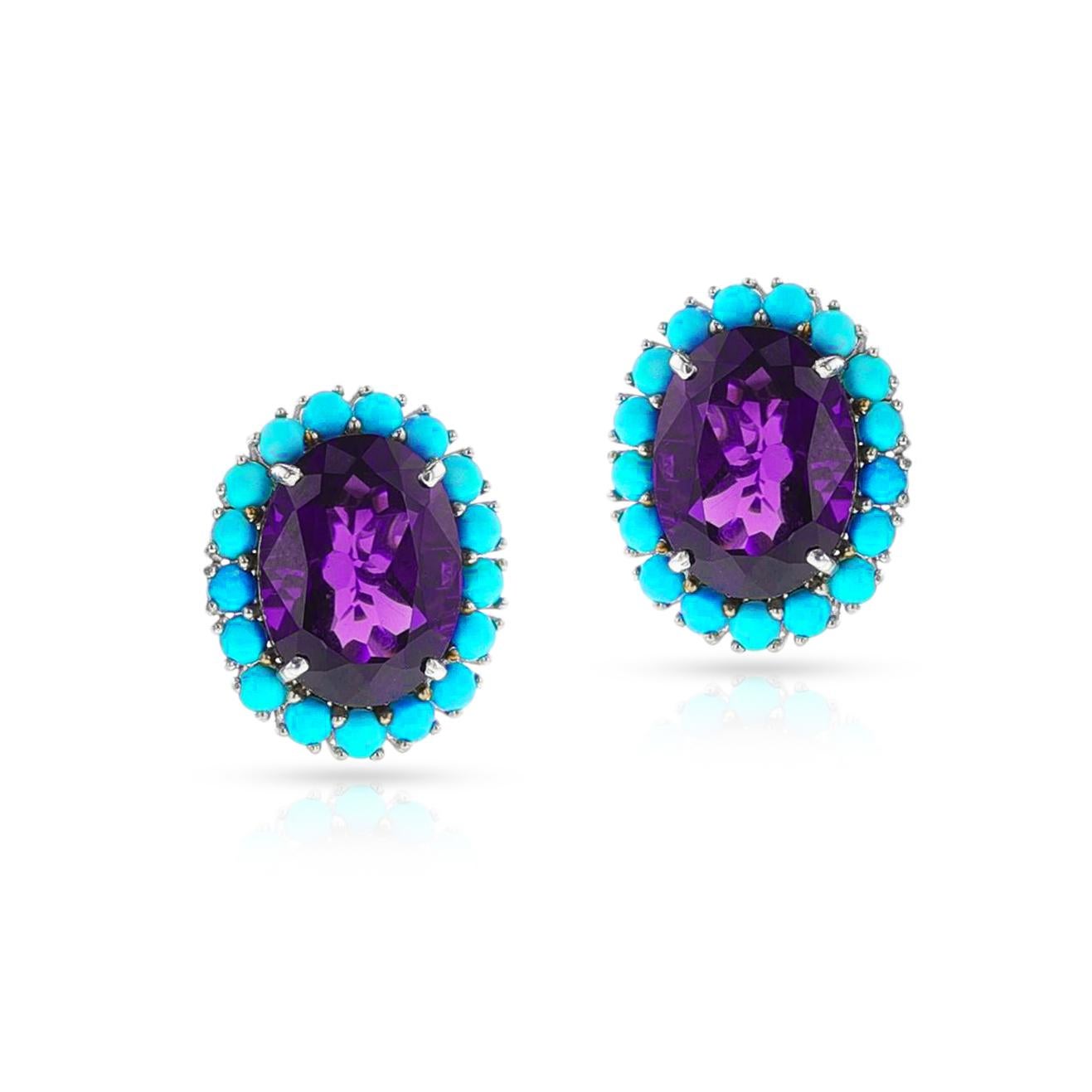 A pair of Oval Amethyst Cut and Turquoise Cabochon Earrings made in 18k White Gold. The total weight of the stones is 19.90 carats. The total weight of the earrings is 14.84 grams. The length of the earrings is 0.85