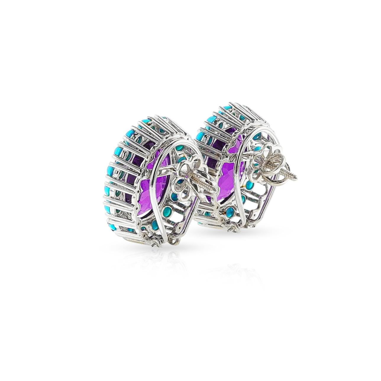 Oval Cut Oval Amethyst Cut and Turquoise Cabochon Earrings, 18k For Sale