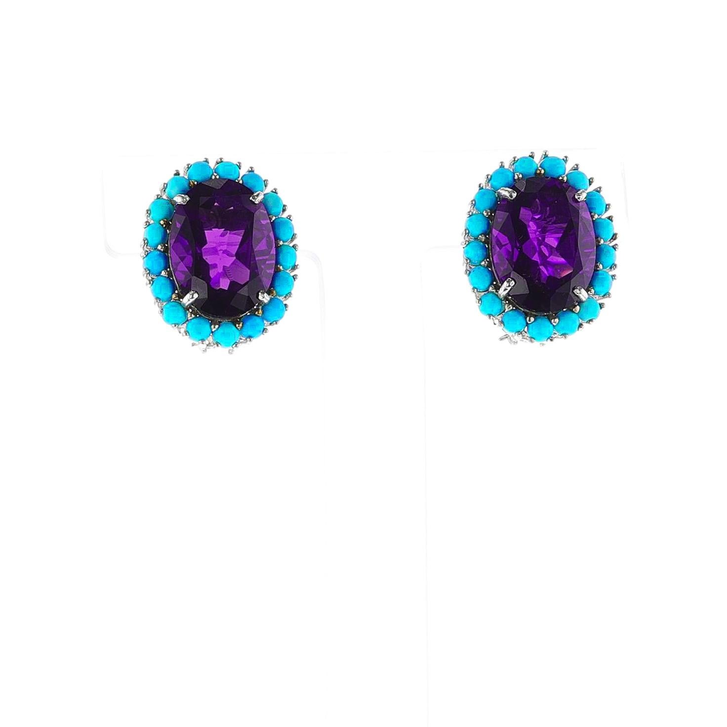 Oval Amethyst Cut and Turquoise Cabochon Earrings, 18k In New Condition For Sale In New York, NY