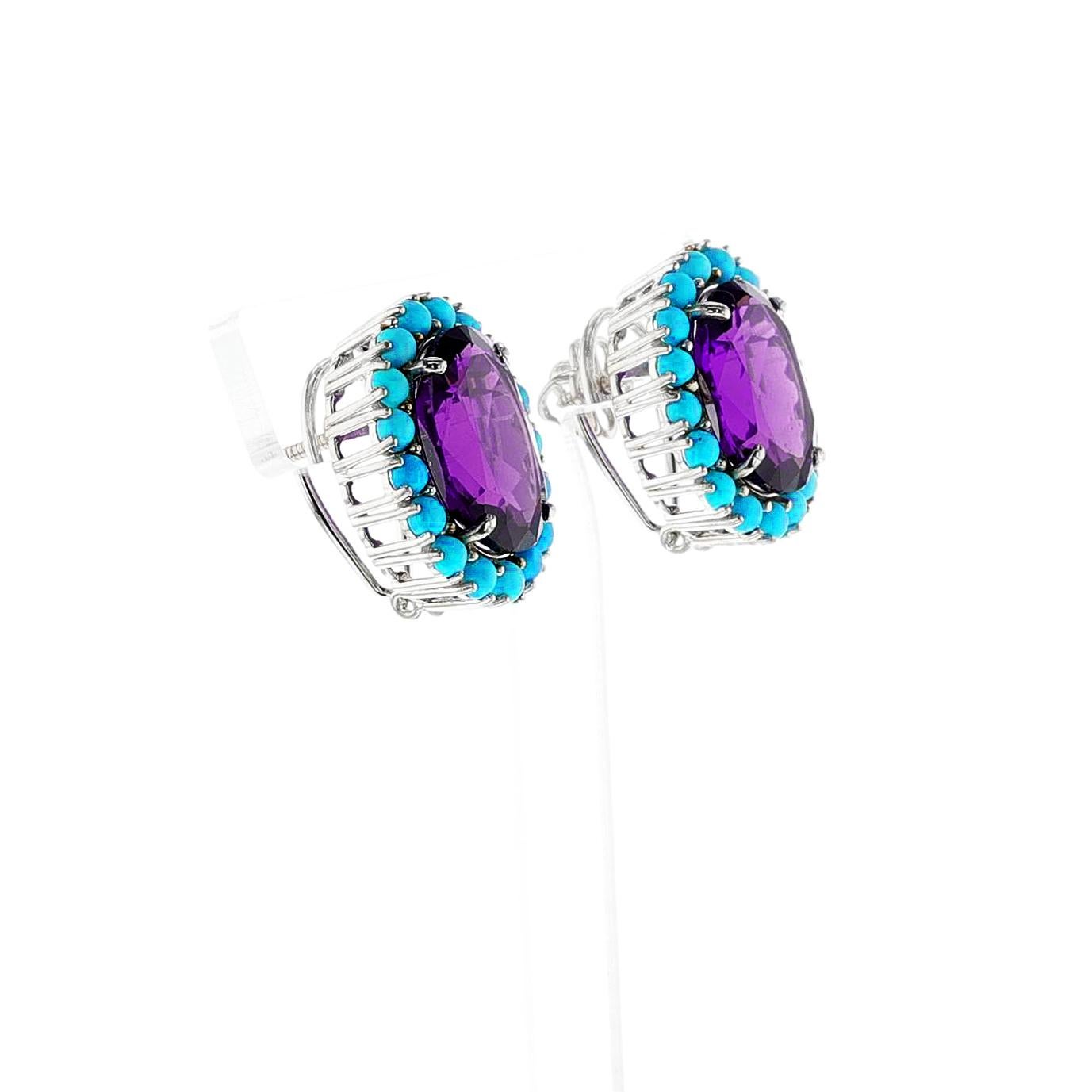 Women's or Men's Oval Amethyst Cut and Turquoise Cabochon Earrings, 18k For Sale