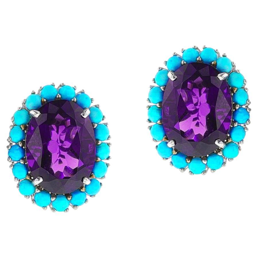 Oval Amethyst Cut and Turquoise Cabochon Earrings, 18k