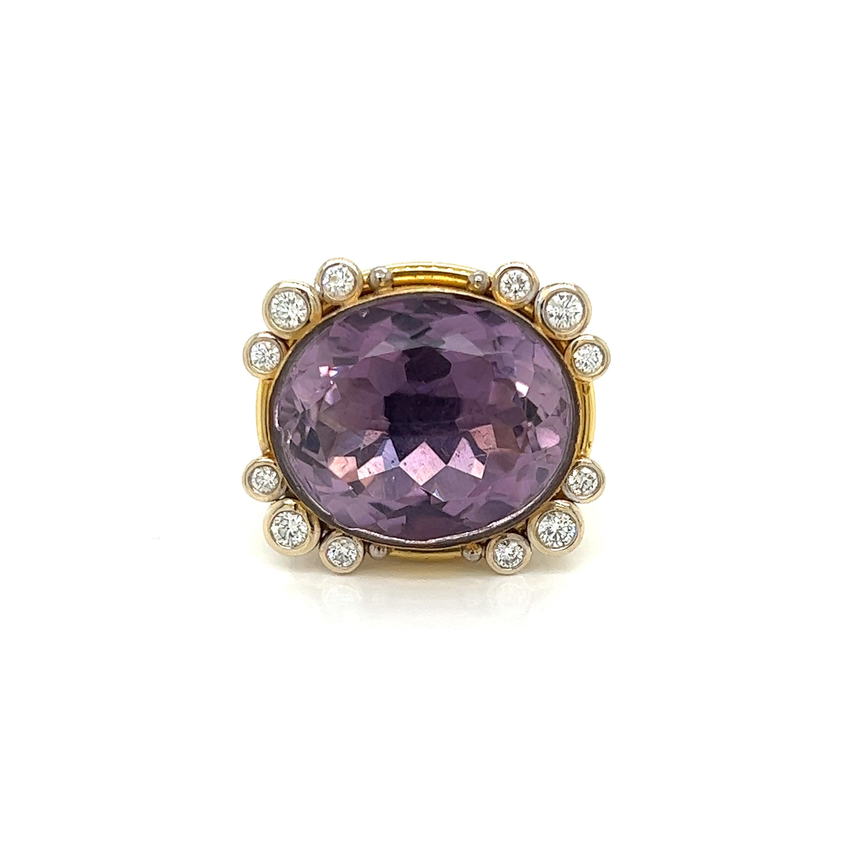 Contemporary Oval Amethyst, Diamond and 18k Gold Ring For Sale