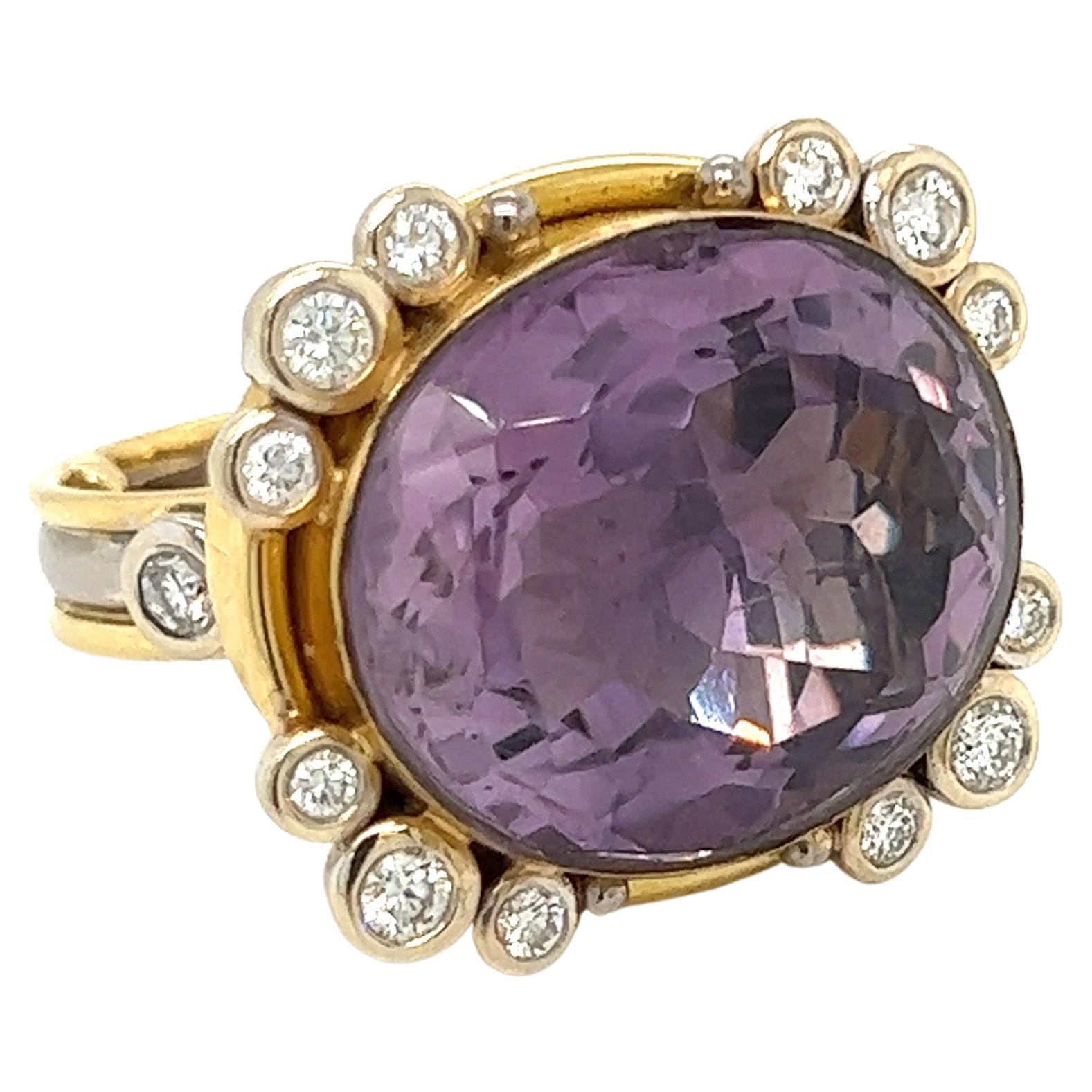 Oval Amethyst, Diamond and 18k Gold Ring For Sale