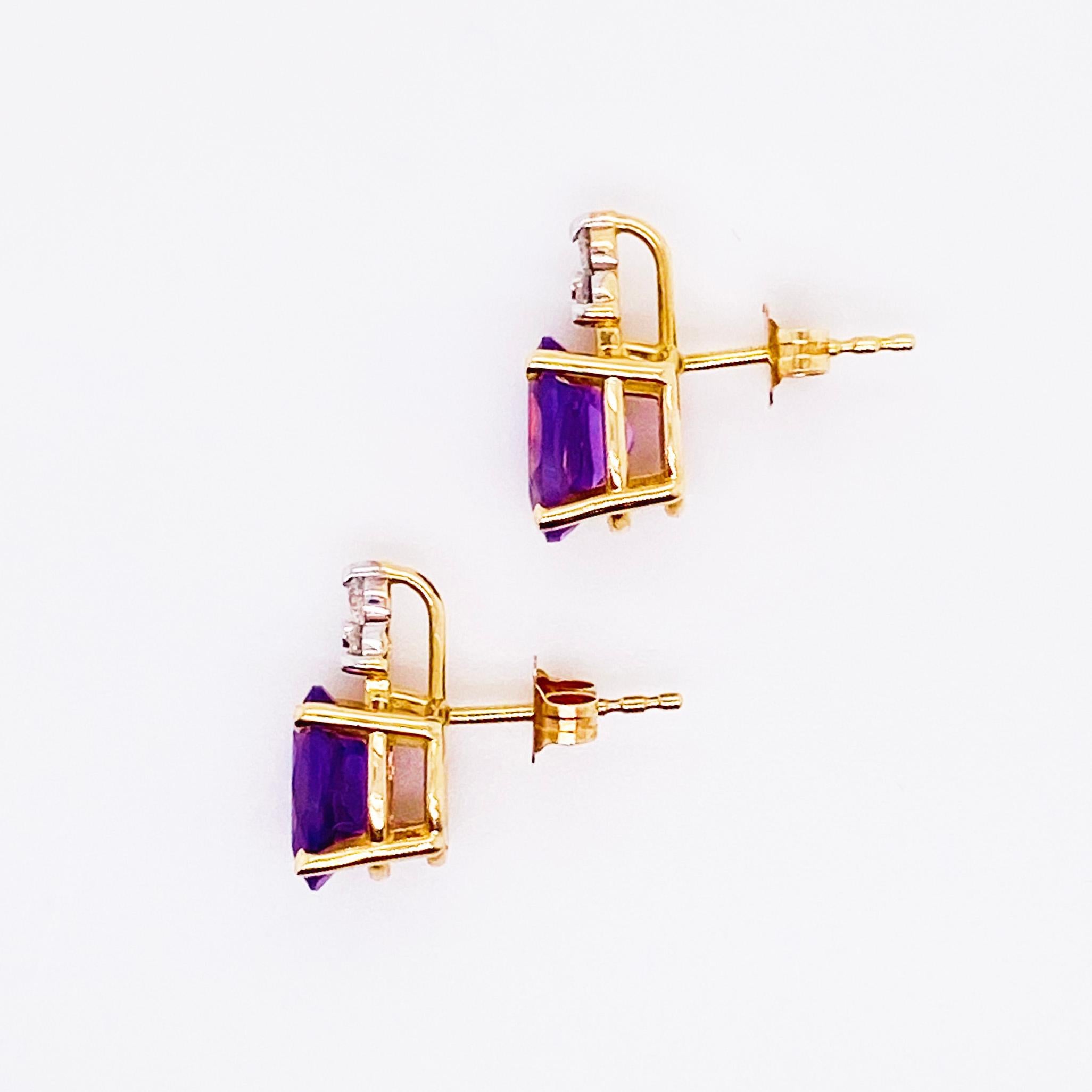 The amethyst and diamond earrings have one oval amethyst gemstone set in 14 karat yellow gold prongs. The oval amethyst gemstones have been hand cut and polished to display maximum brilliance and deep, purple color. Set on top of each is a cluster