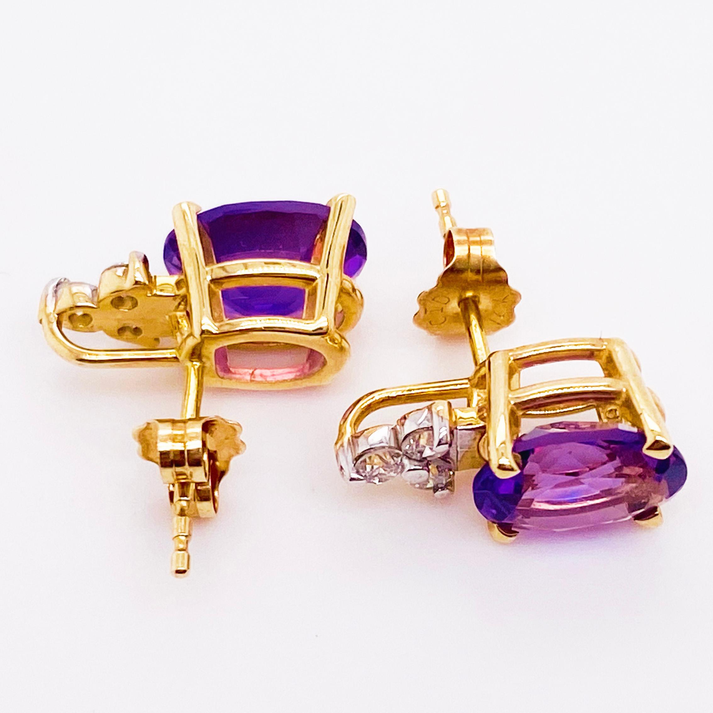 Oval Cut Oval Amethyst and Diamond Cluster Earring Studs 14 Karat Yellow Gold, February