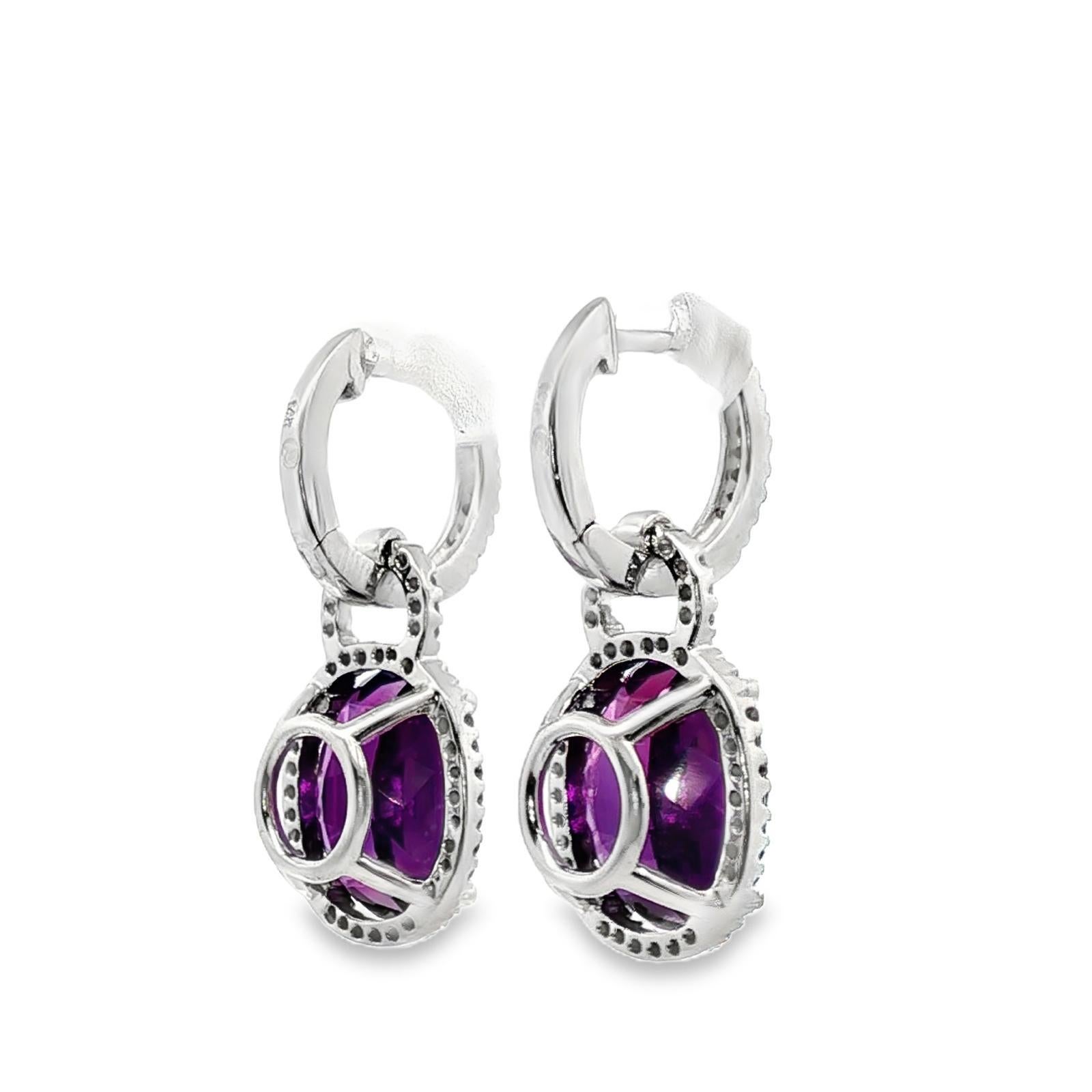 Ovale Amethyst-Diamant-Tropfen-Ohrringe aus 14 Karat Weißgold Damen im Angebot