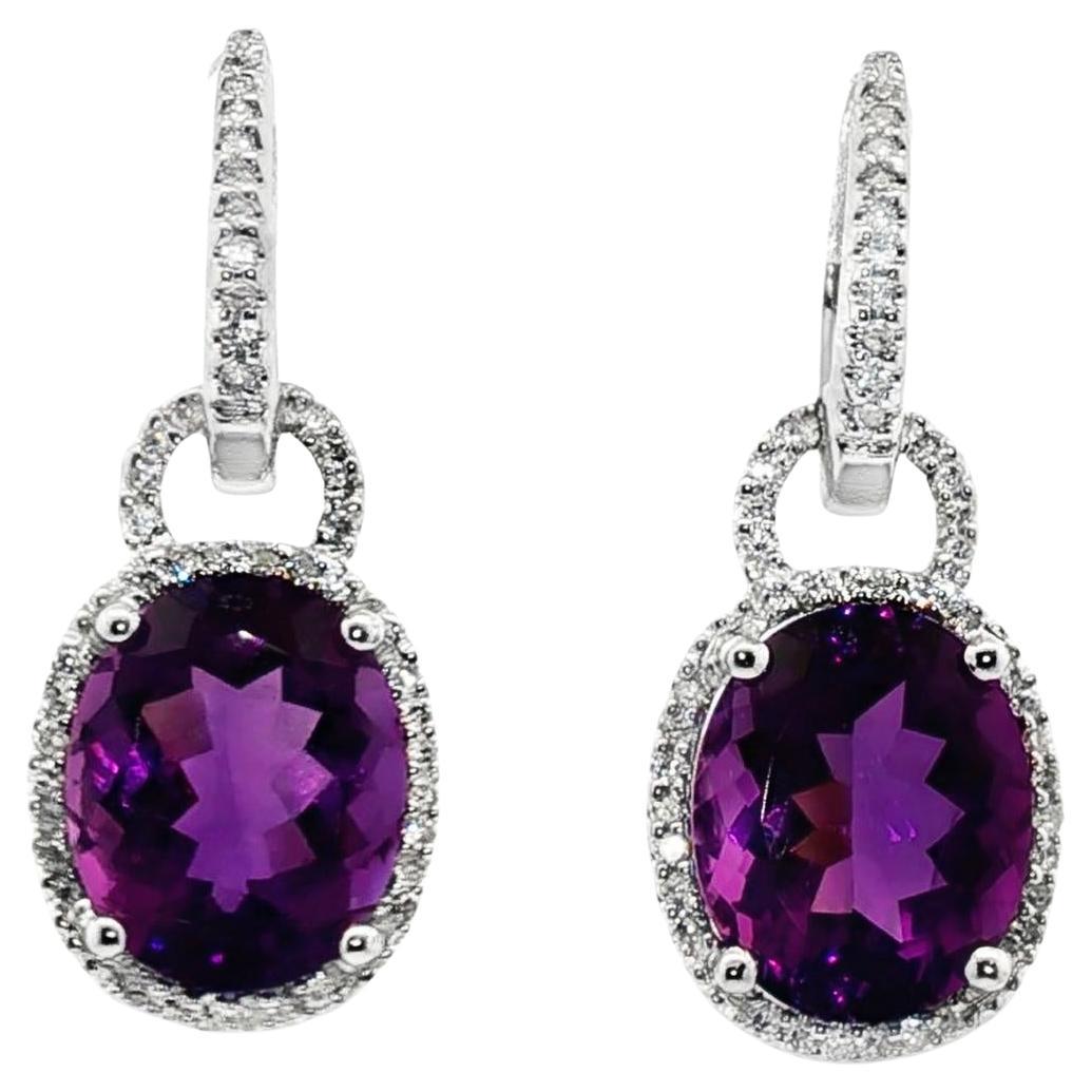 Ovale Amethyst-Diamant-Tropfen-Ohrringe aus 14 Karat Weißgold im Angebot