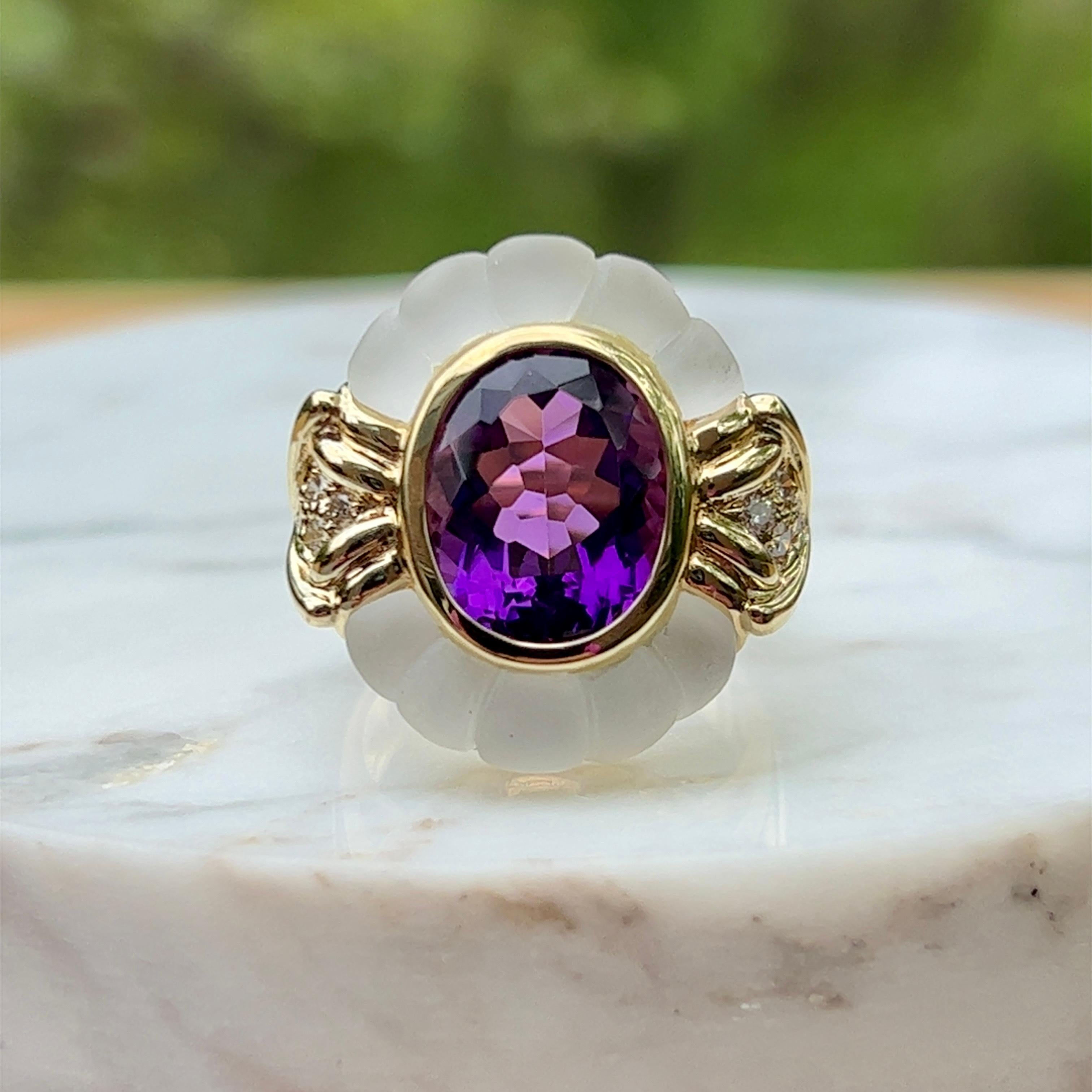 Oval Cut Oval Amethyst, Diamond & Glass Crystal Ring in 14K Yellow gold  For Sale