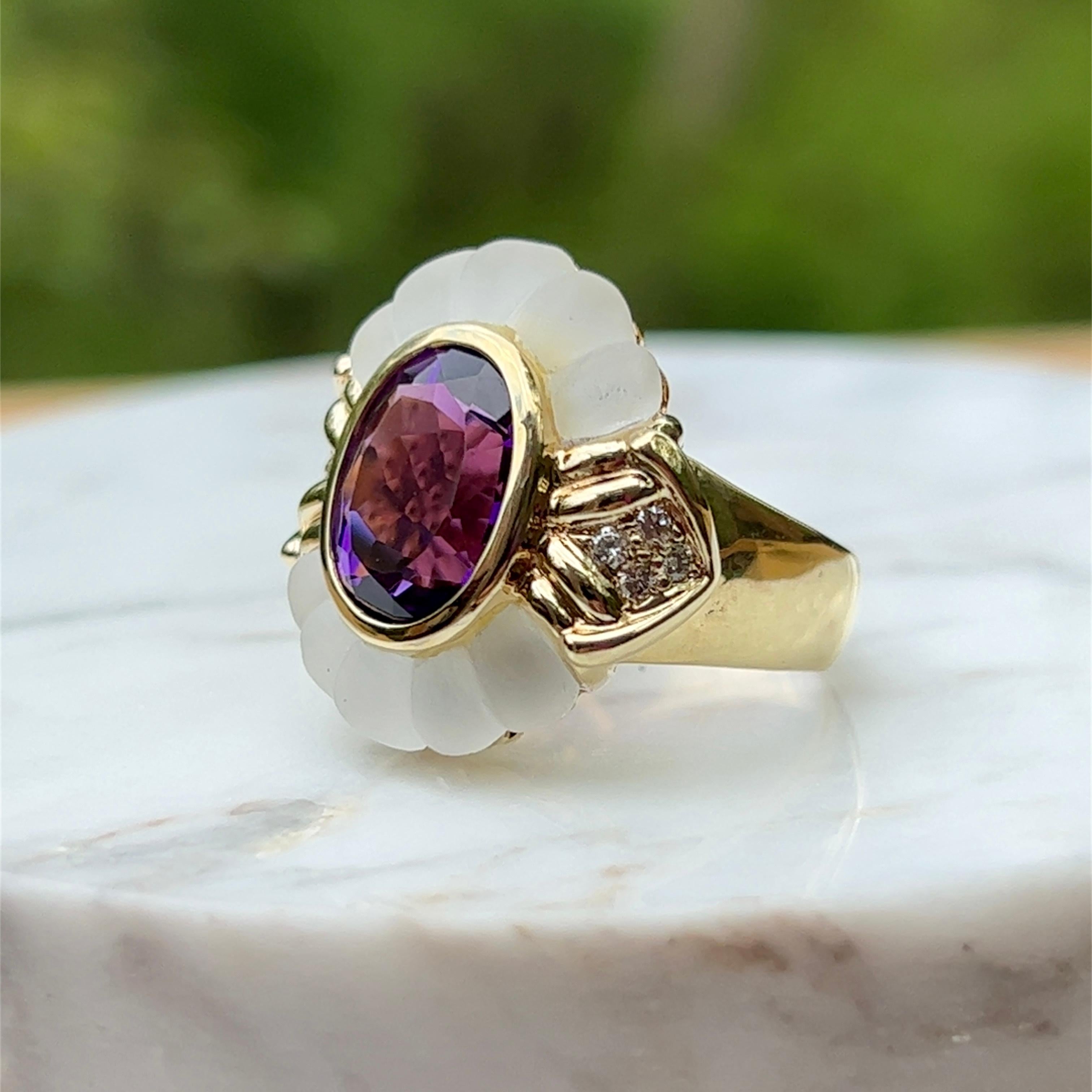 Oval Amethyst, Diamond & Glass Crystal Ring in 14K Yellow gold  In Good Condition For Sale In Towson, MD