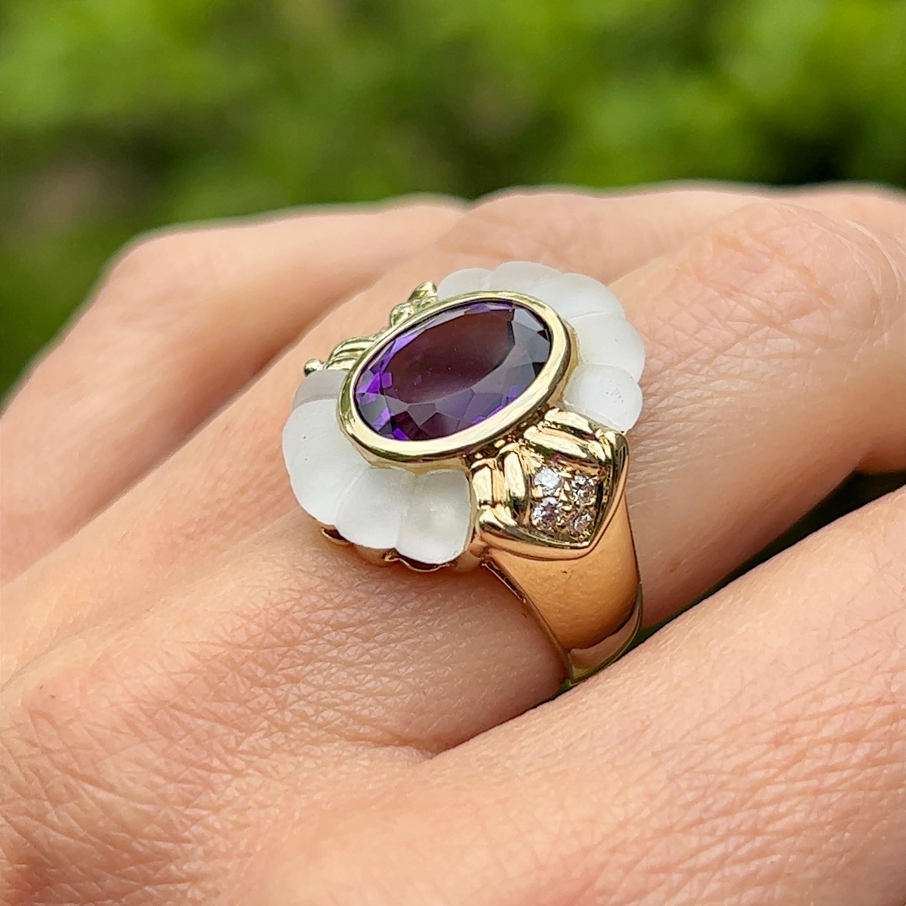 Women's Oval Amethyst, Diamond & Glass Crystal Ring in 14K Yellow gold  For Sale